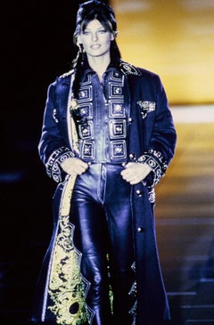 F/W 1992 Gianni Versace 'Miss S&M' Runway Studded Leather Trim Wool Trench Coat