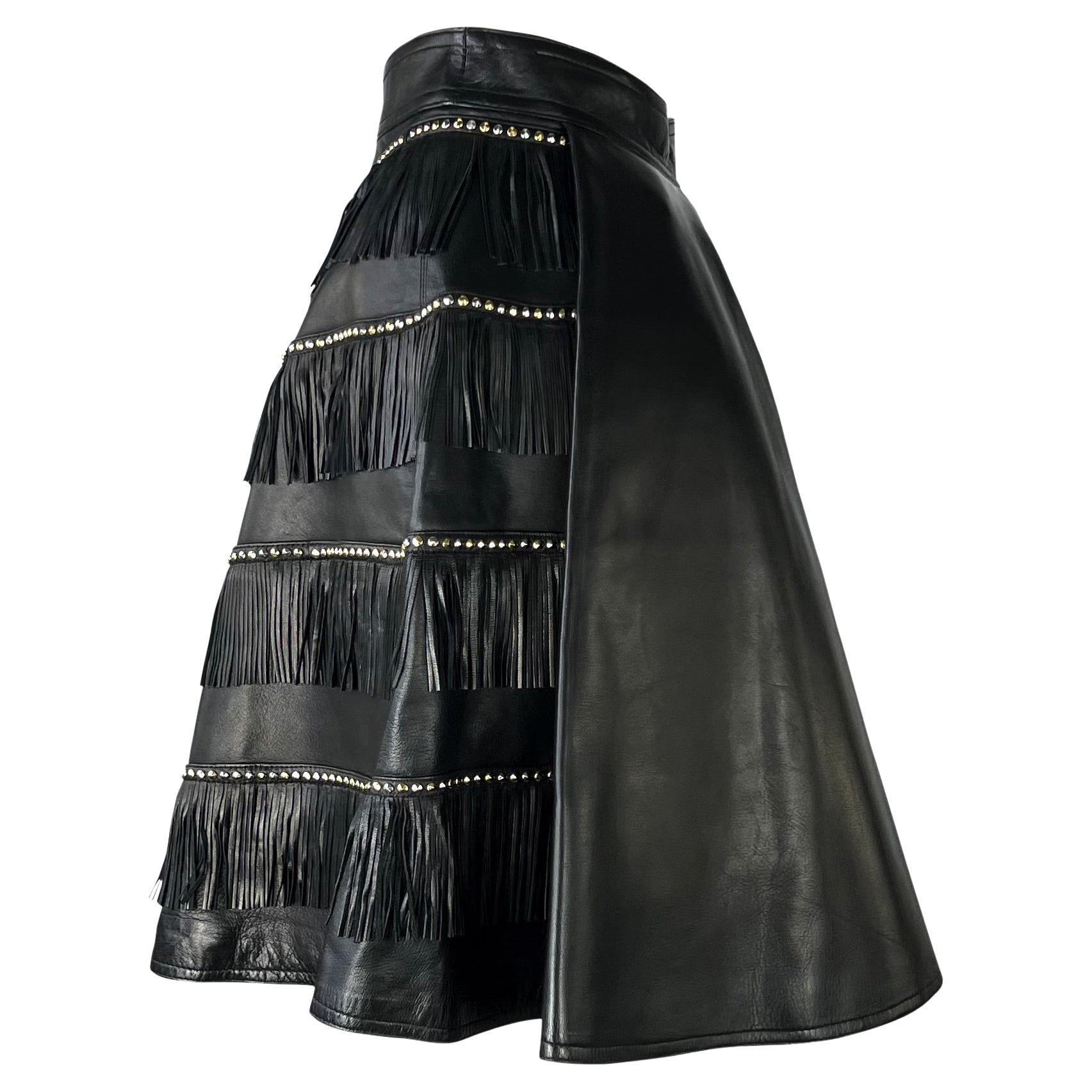 Black F/W 1992 Gianni Versace 'Miss S&M' Studded Leather Fringe Bondage A-Line Skirt For Sale