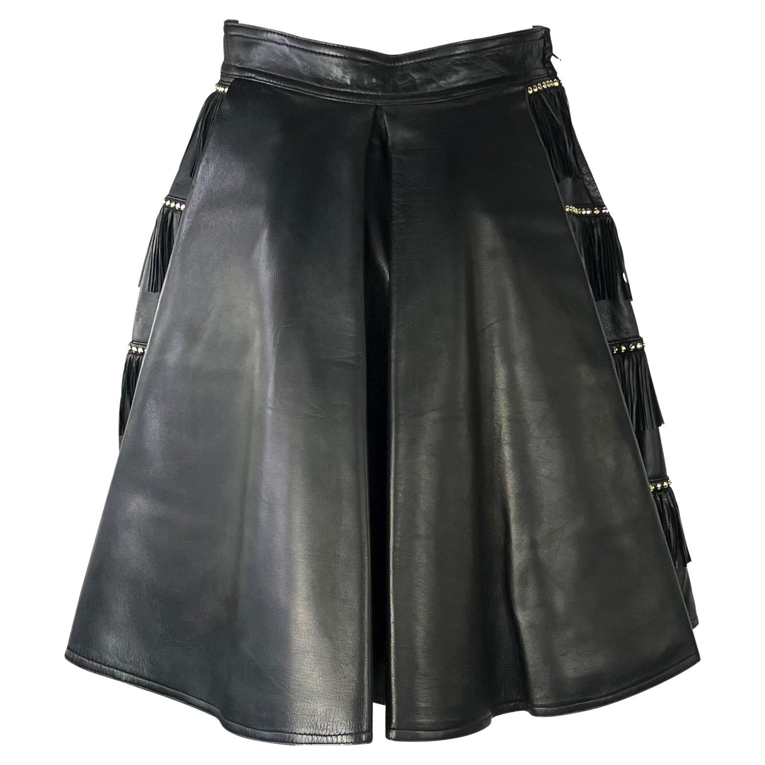 Women's F/W 1992 Gianni Versace 'Miss S&M' Studded Leather Fringe Bondage A-Line Skirt For Sale