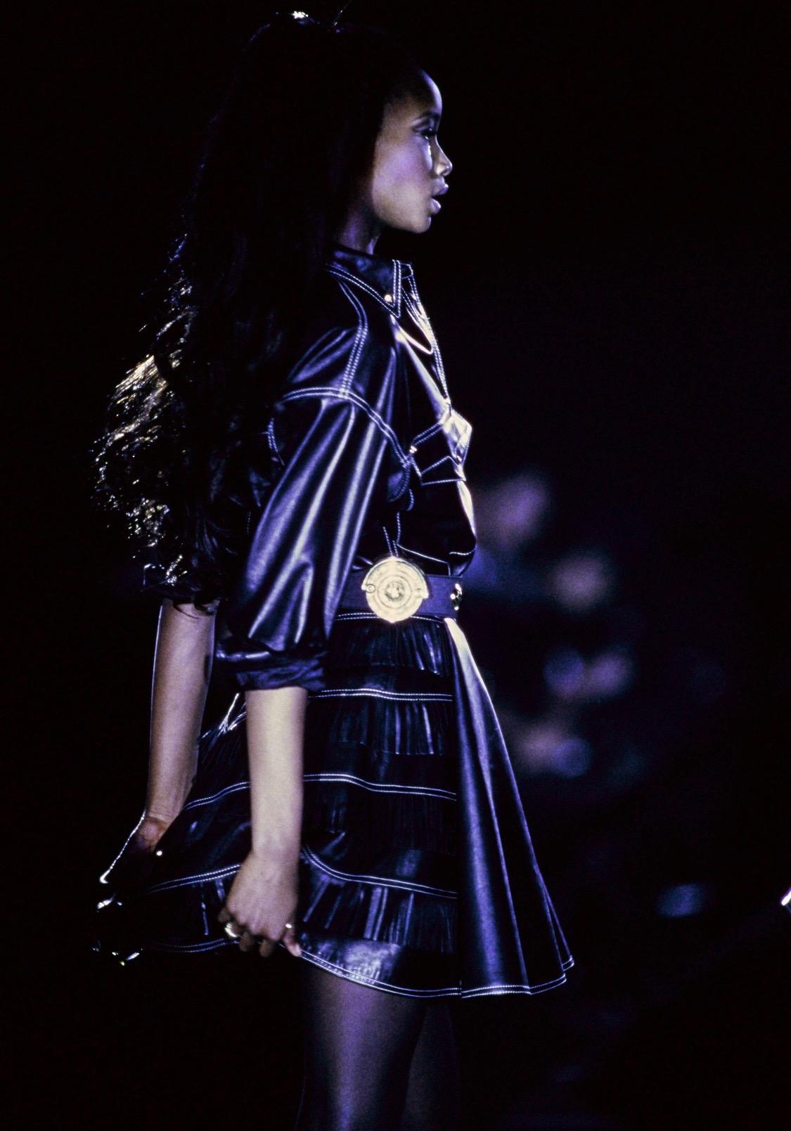 F/W 1992 Gianni Versace 'Miss S&M' Studded Leather Fringe Bondage A-Line Skirt For Sale 1