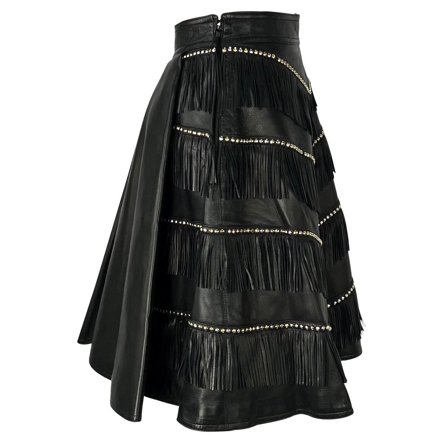 F/W 1992 Gianni Versace 'Miss S&M' Studded Leather Fringe Bondage A-Line Skirt For Sale 2