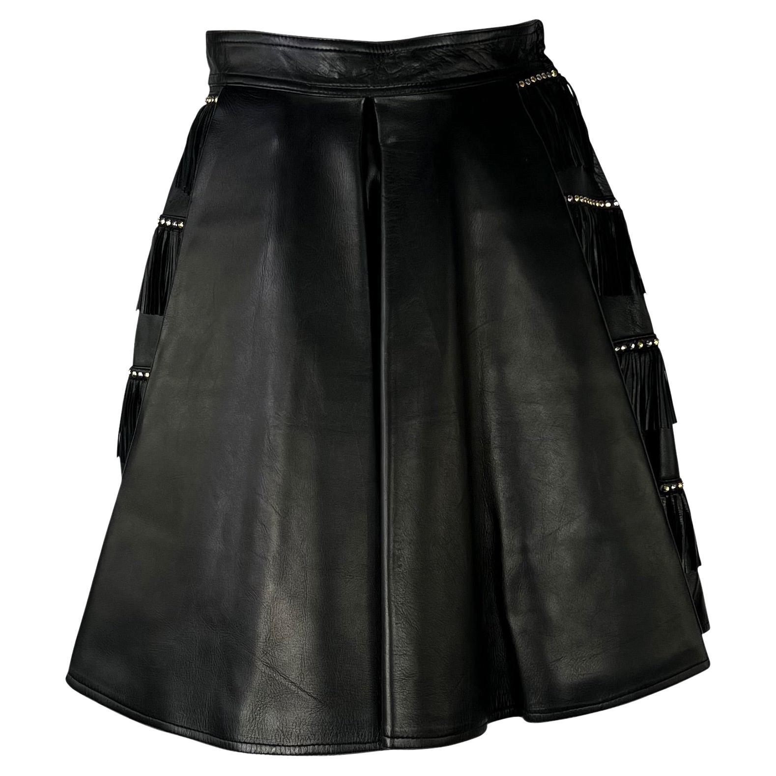 F/W 1992 Gianni Versace 'Miss S&M' Studded Leather Fringe Bondage A-Line Skirt For Sale 3