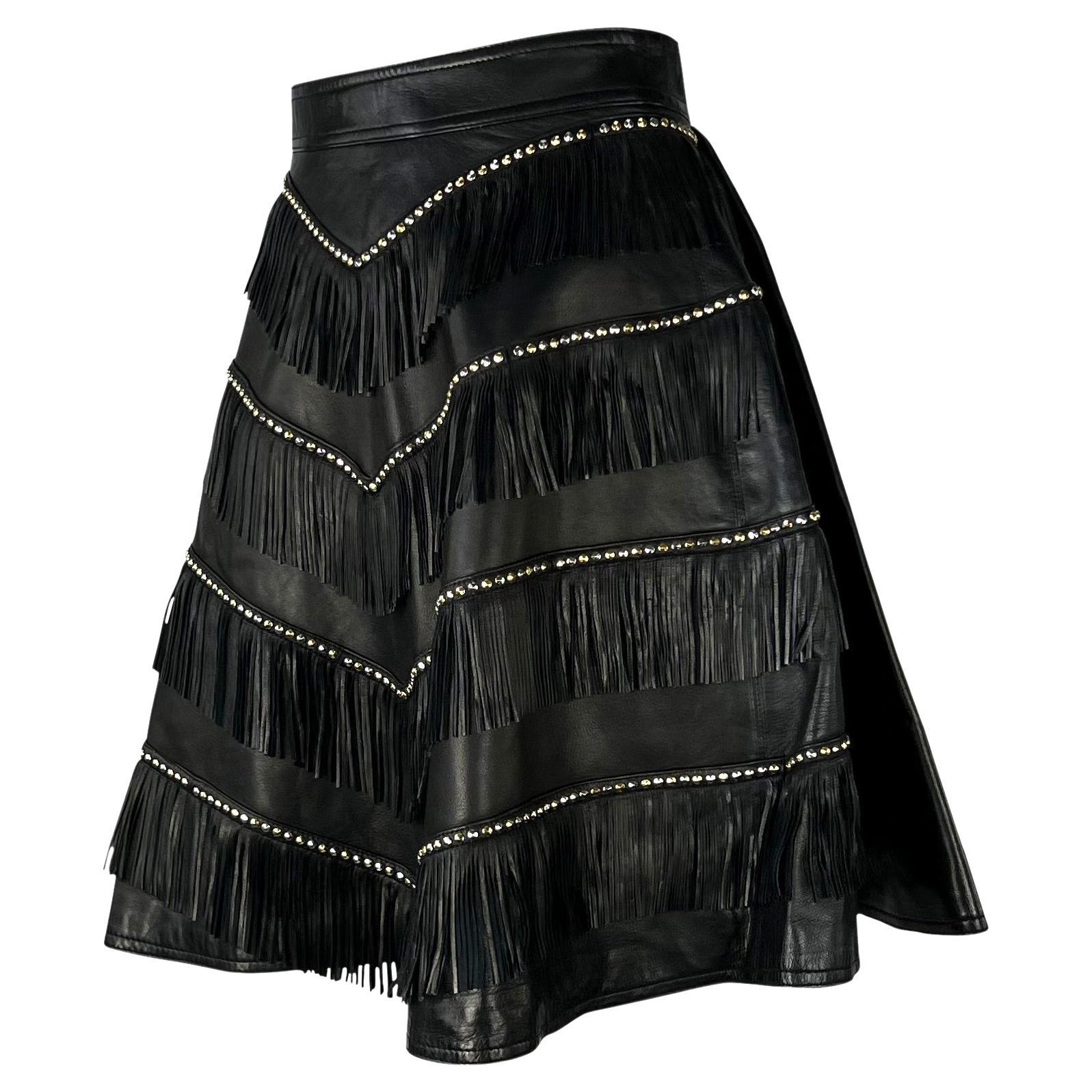 F/W 1992 Gianni Versace 'Miss S&M' Studded Leather Fringe Bondage A-Line Skirt For Sale