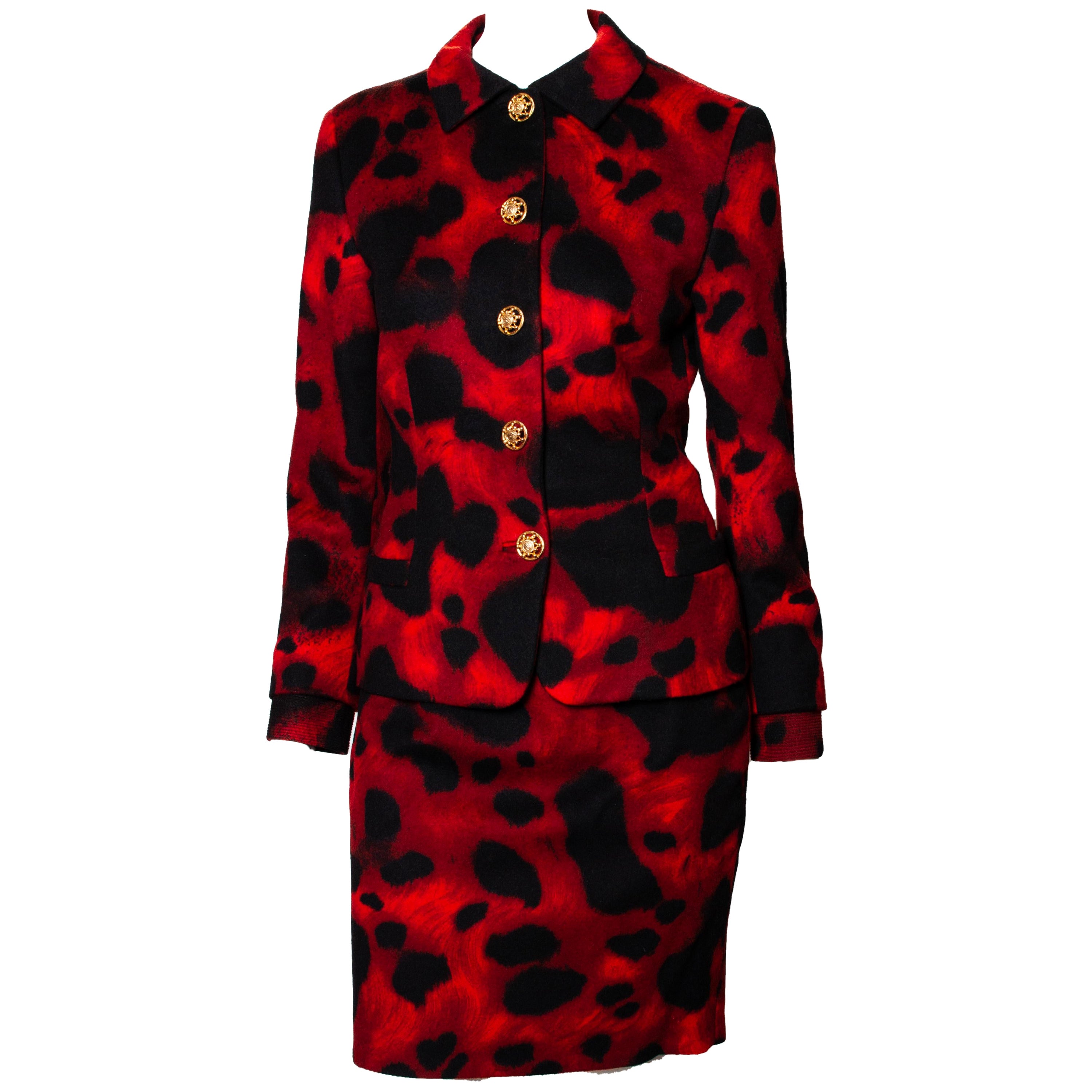 F/W 1992 Gianni Versace Red Leopard Print Skirt Suit For Sale