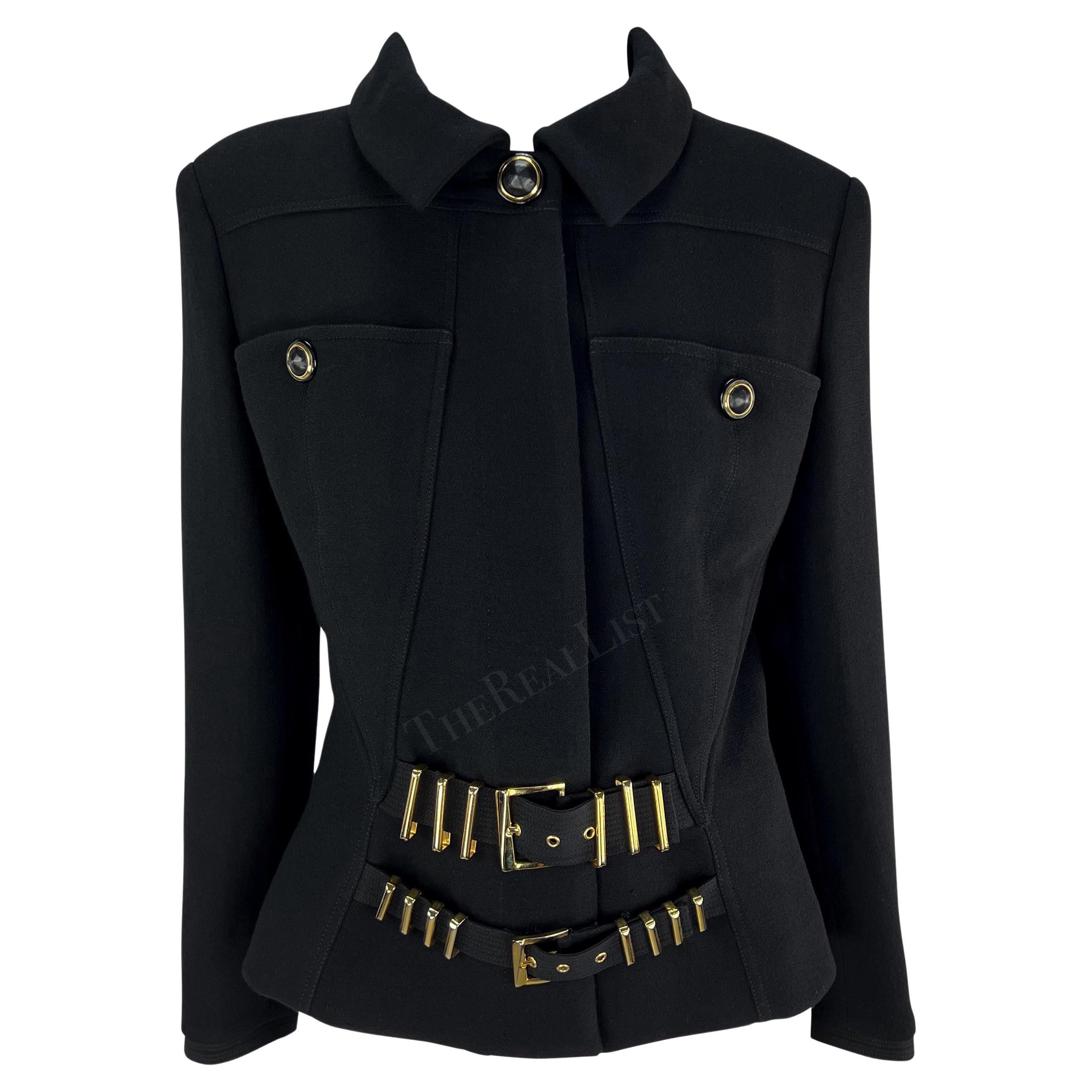 F/W 1992 Gianni Versace Runway Black 'Miss S&M' Bondage Buckle Jacket For Sale