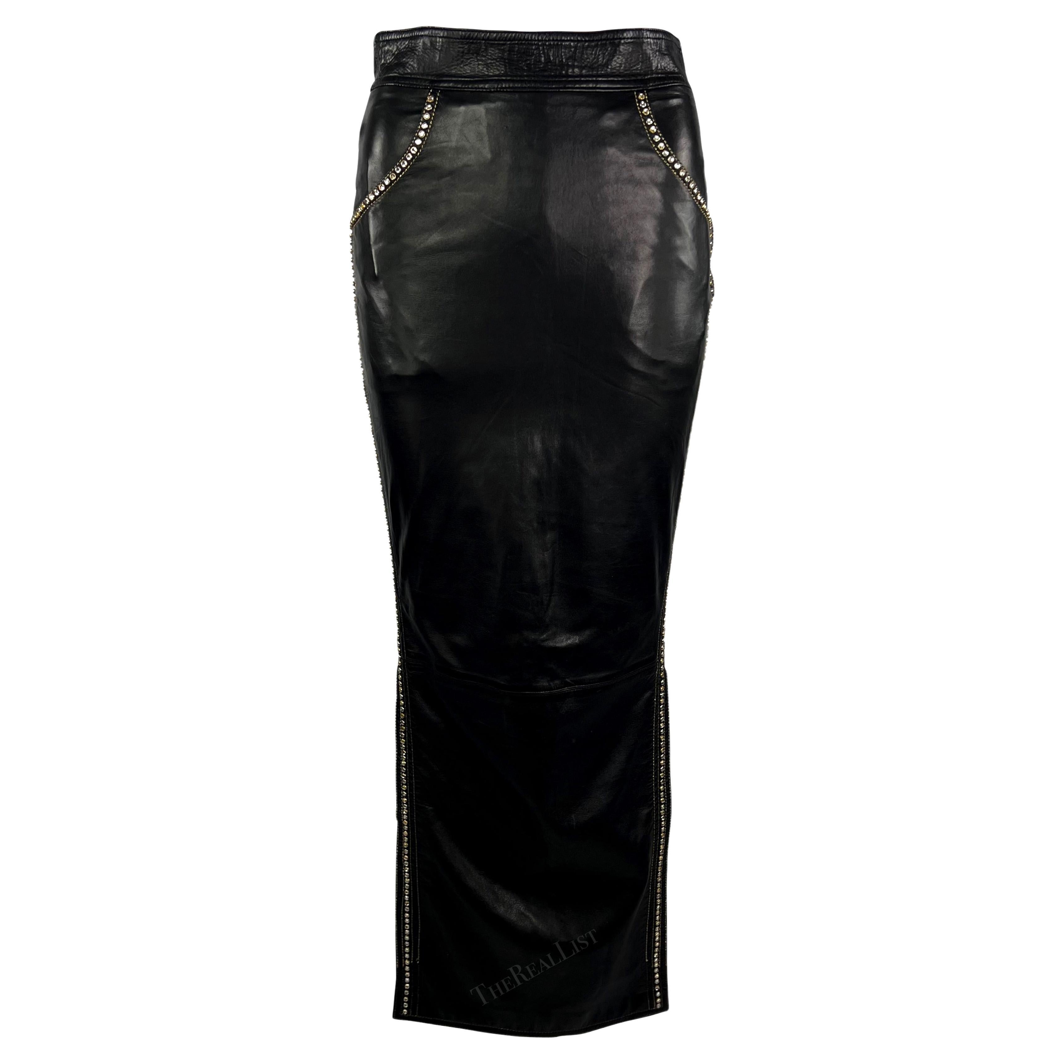F/W 1992 Gianni Versace Runway 'Miss S&M' Black Leather Rhinestone Maxi Skirt  For Sale 6