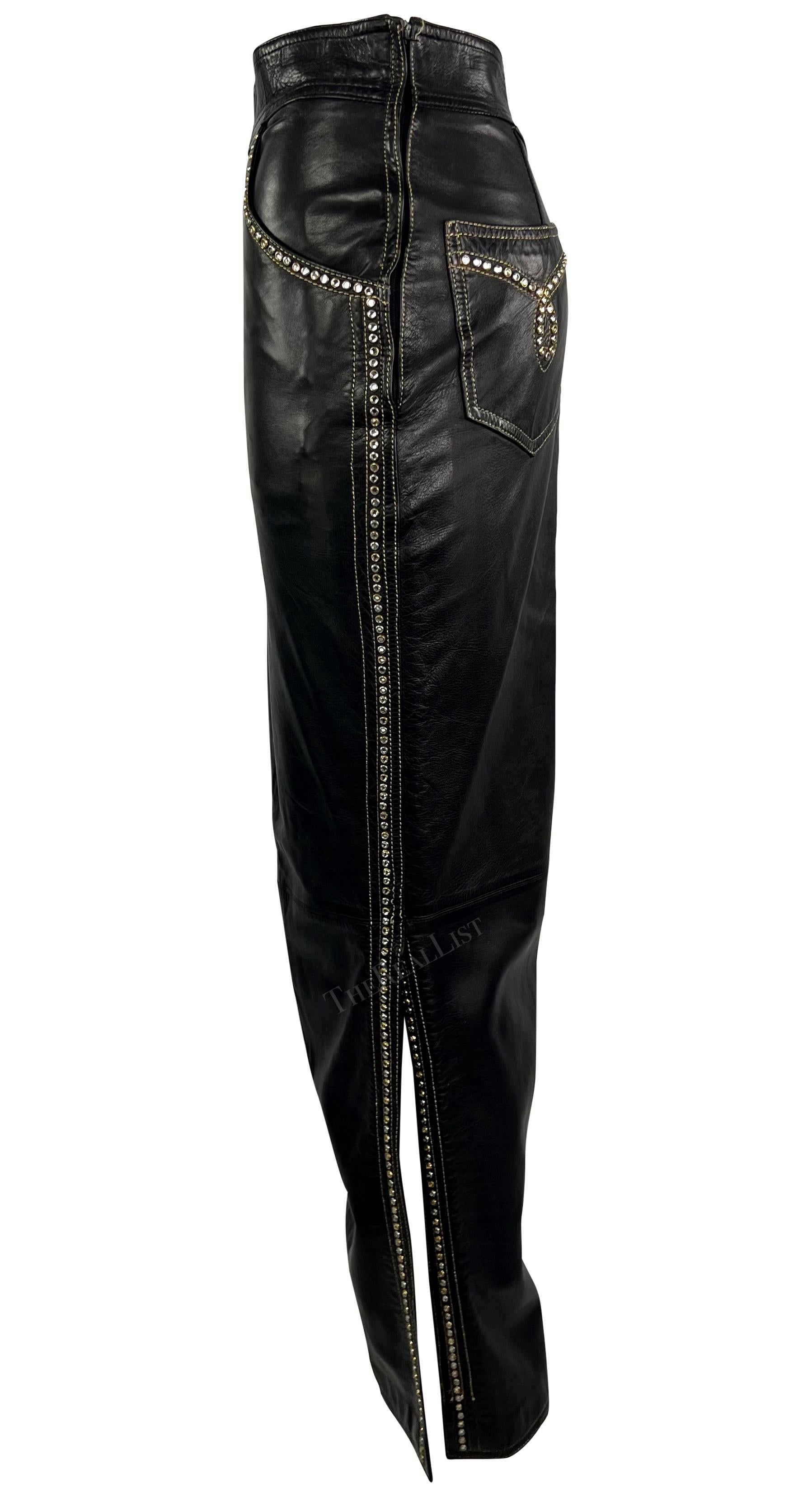 F/W 1992 Gianni Versace Runway 'Miss S&M' Black Leather Rhinestone Maxi Skirt  For Sale 9