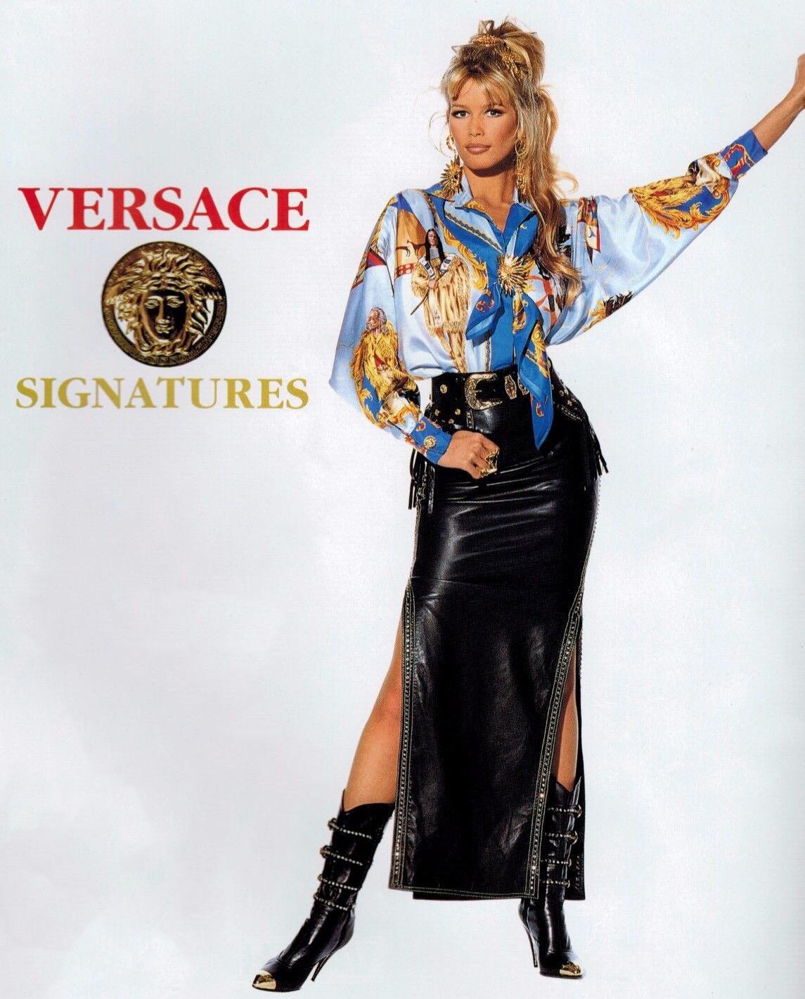 Women's F/W 1992 Gianni Versace Runway 'Miss S&M' Black Leather Rhinestone Maxi Skirt  For Sale