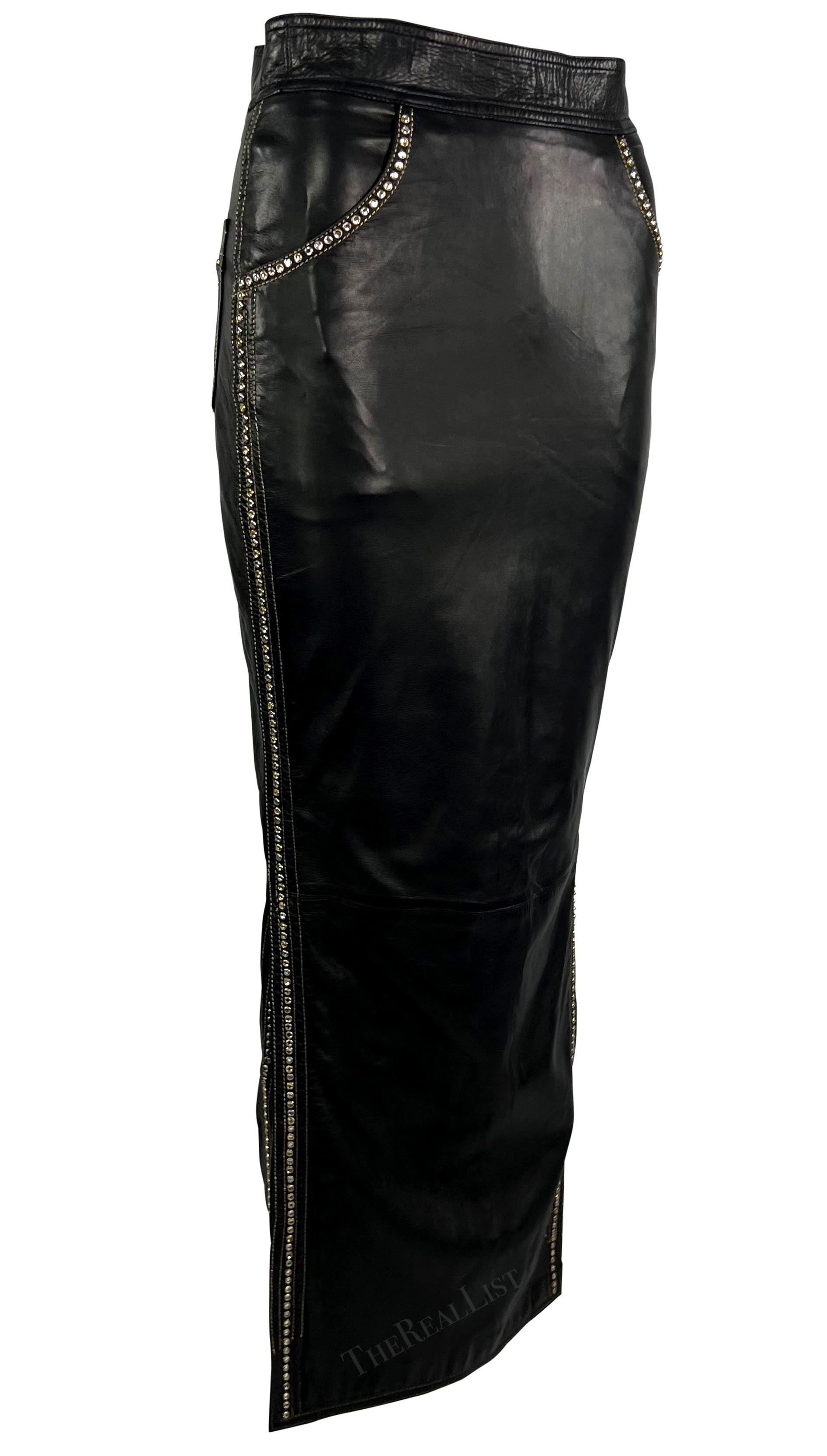 F/W 1992 Gianni Versace Runway 'Miss S&M' Black Leather Rhinestone Maxi Skirt  For Sale 3