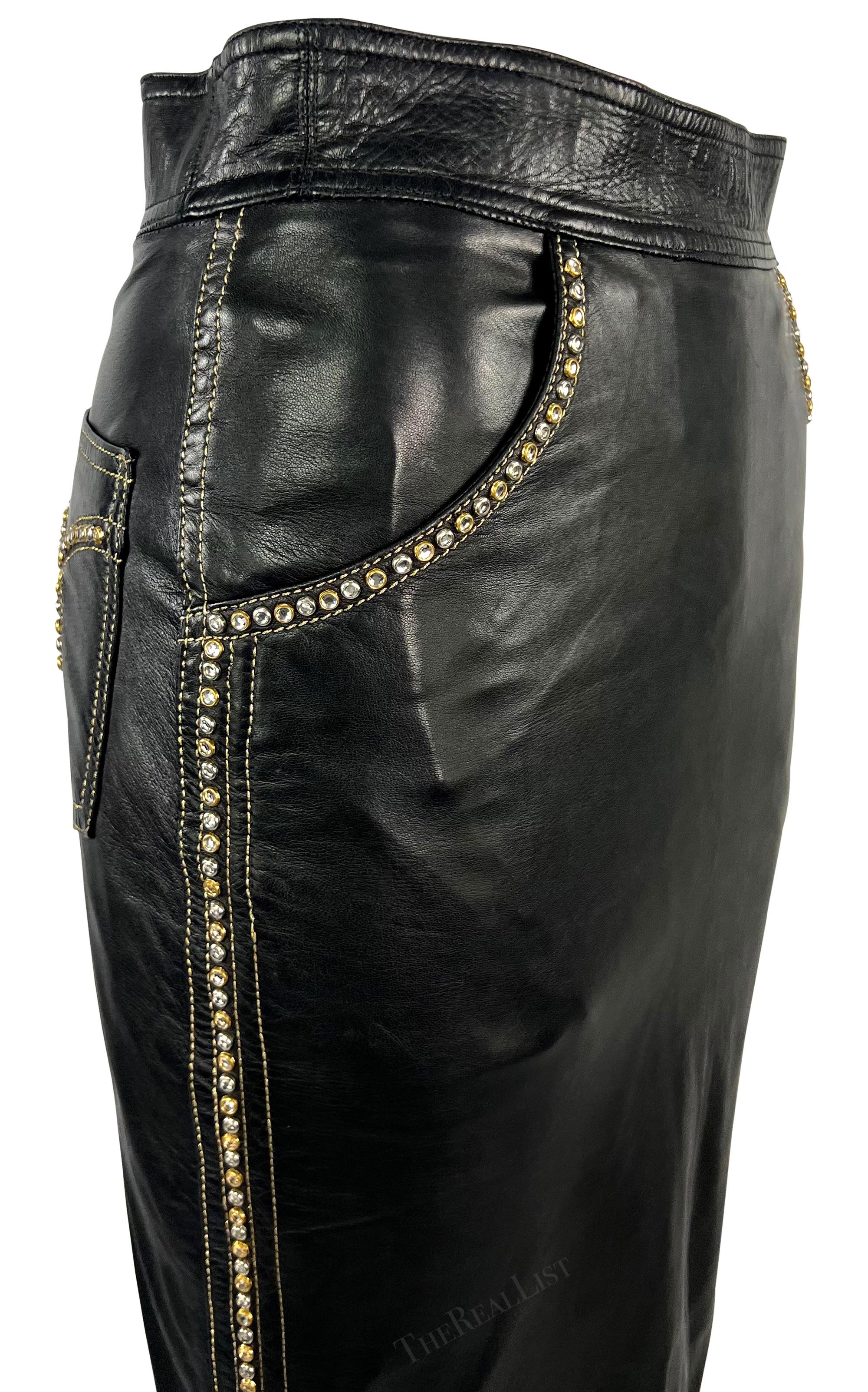 F/W 1992 Gianni Versace Runway 'Miss S&M' Black Leather Rhinestone Maxi Skirt  For Sale 5