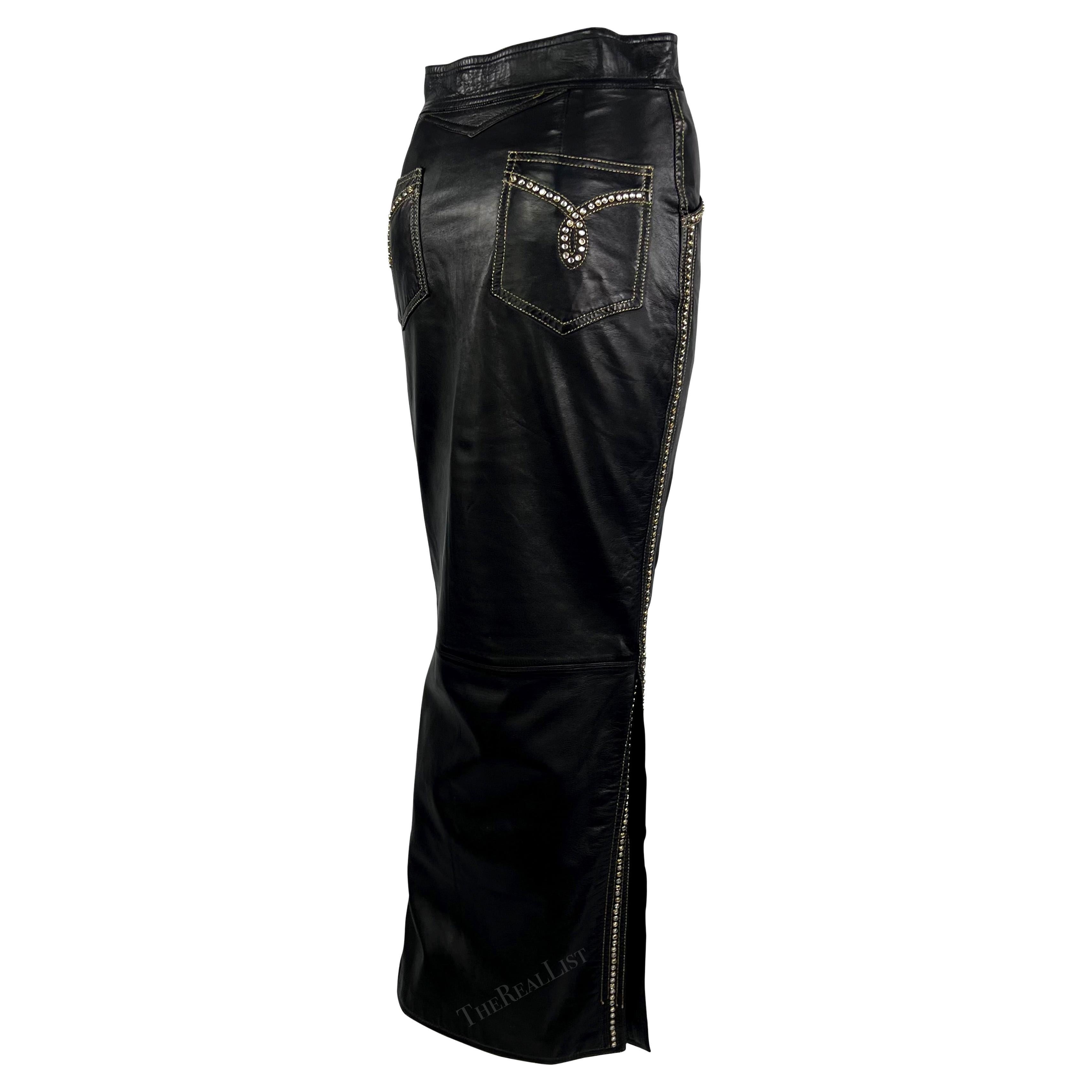 F/W 1992 Gianni Versace Runway 'Miss S&M' Black Leather Rhinestone Maxi Skirt (Jupe longue en cuir noir avec strass)  en vente