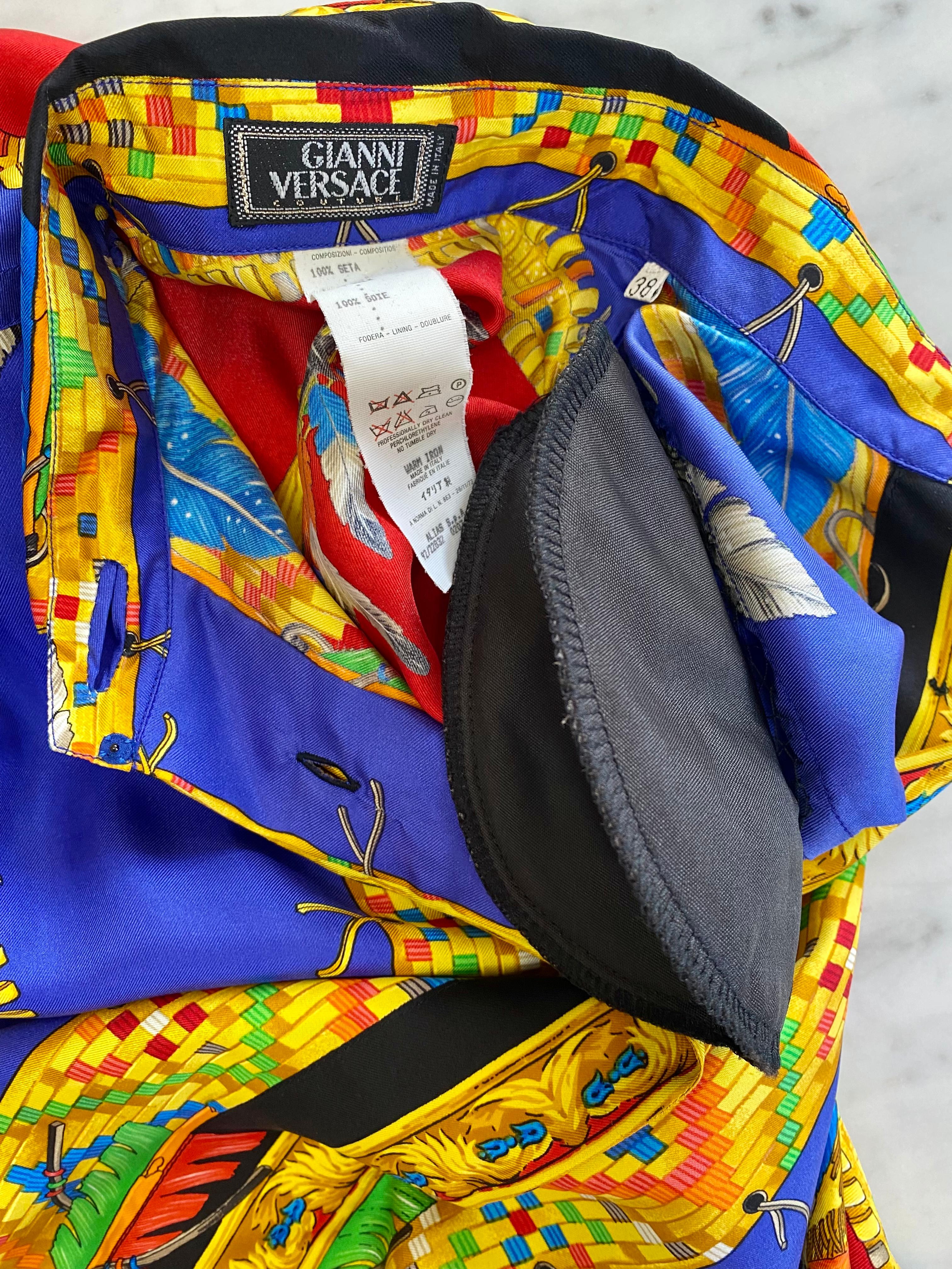 F/W 1992 Gianni Versace Silk Collared Shirt Atelier Native American Print In Good Condition In West Hollywood, CA