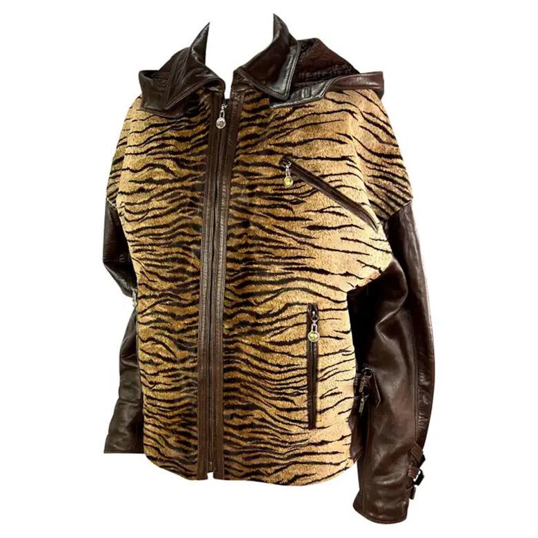 F/W 1992 Gianni Versace S&M Brown Leather Tiger Cowhide Buckle Oversized Jacket