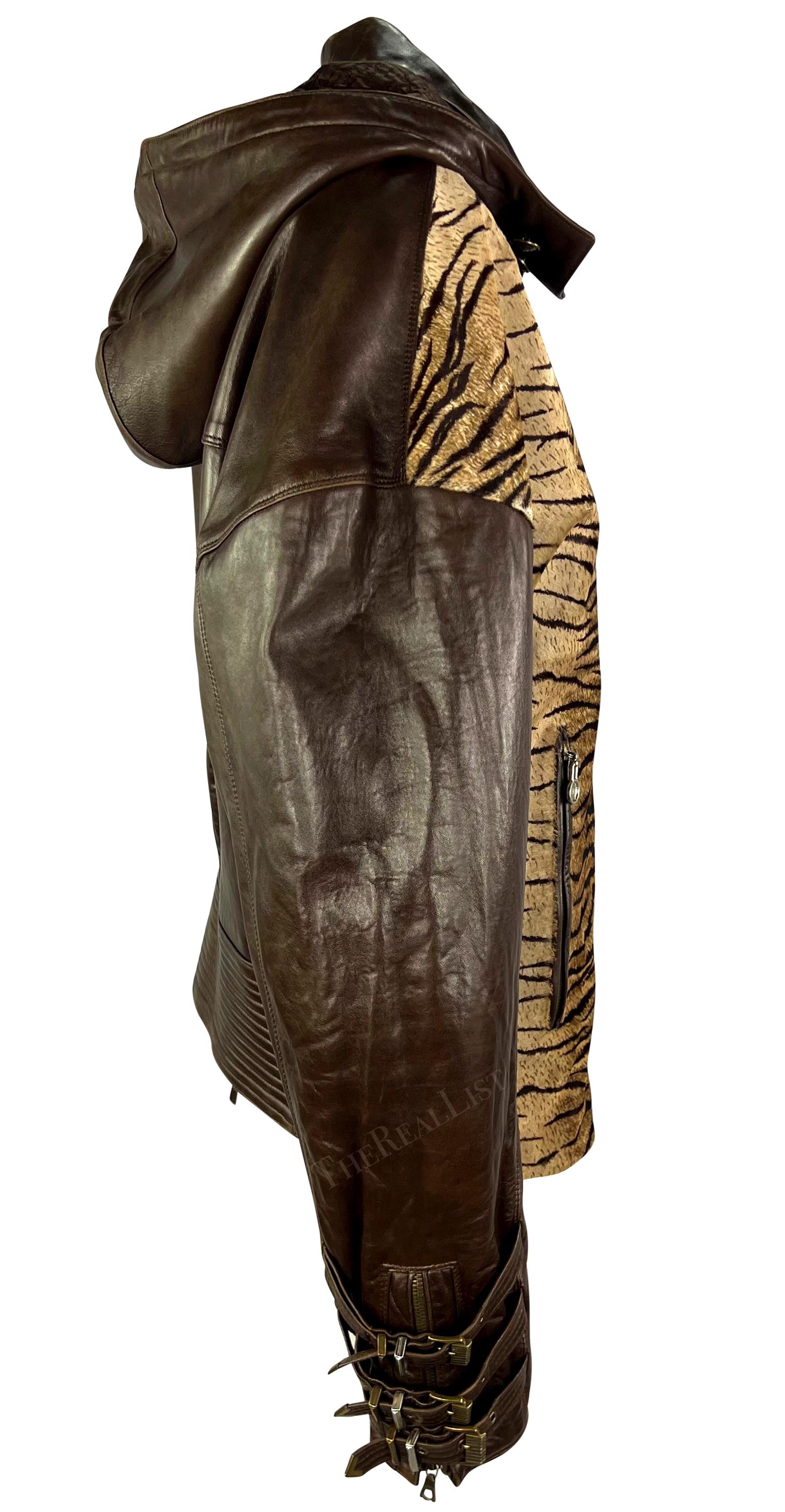 F/W 1992 Gianni Versace S&M Brown Leather Tiger Cowhide Buckle Oversized Jacket In Good Condition For Sale In West Hollywood, CA