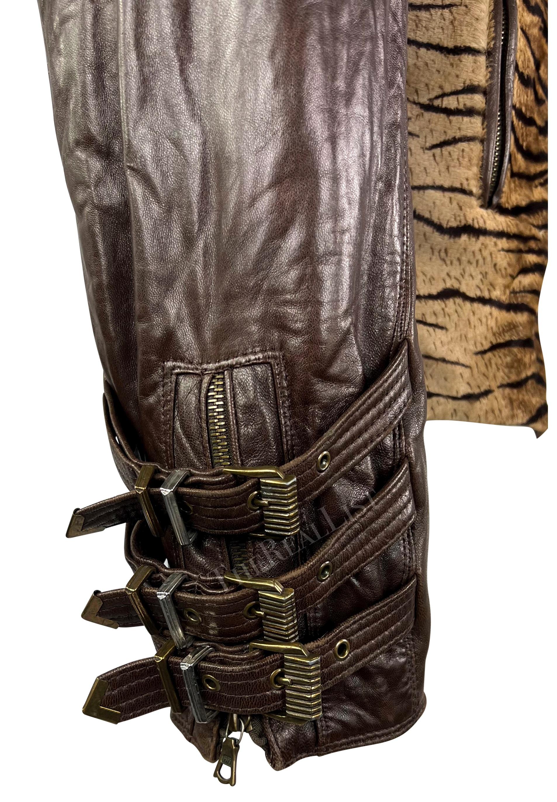Women's F/W 1992 Gianni Versace S&M Brown Leather Tiger Cowhide Buckle Oversized Jacket For Sale