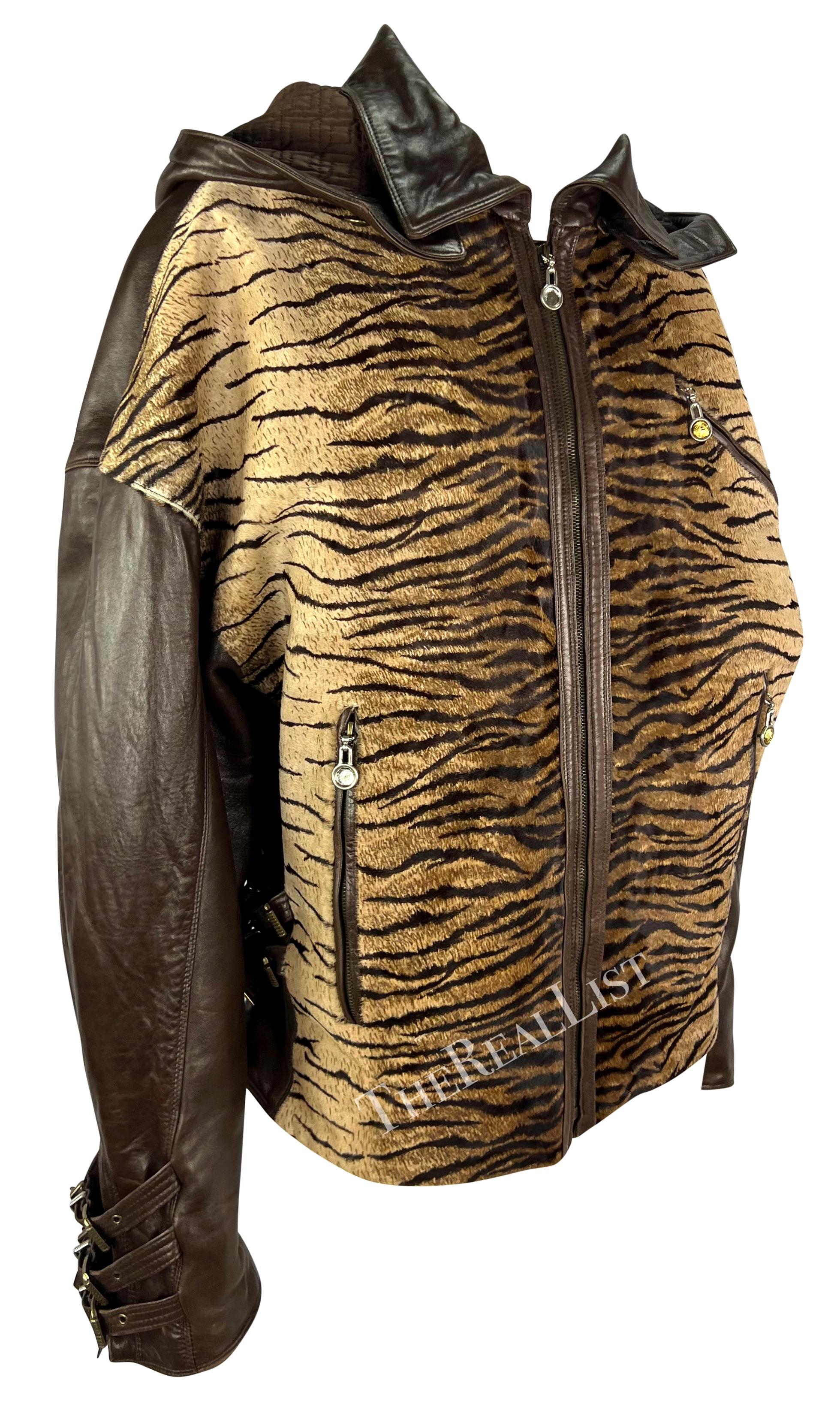 F/W 1992 Gianni Versace S&M Brown Leather Tiger Cowhide Buckle Oversized Jacket For Sale 1