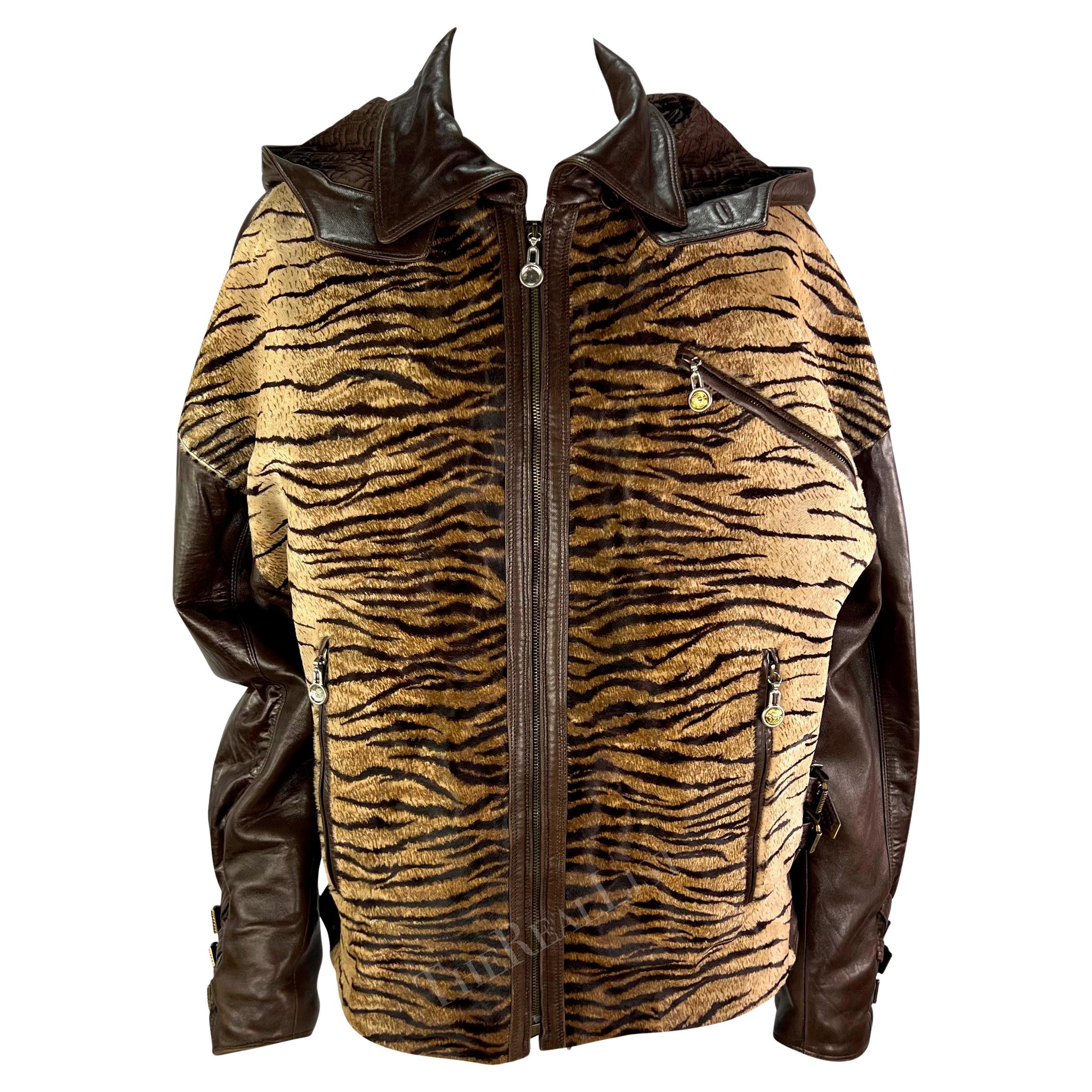 F/W 1992 Gianni Versace S&M Brown Leather Tiger Cowhide Buckle Oversized Jacket For Sale 2
