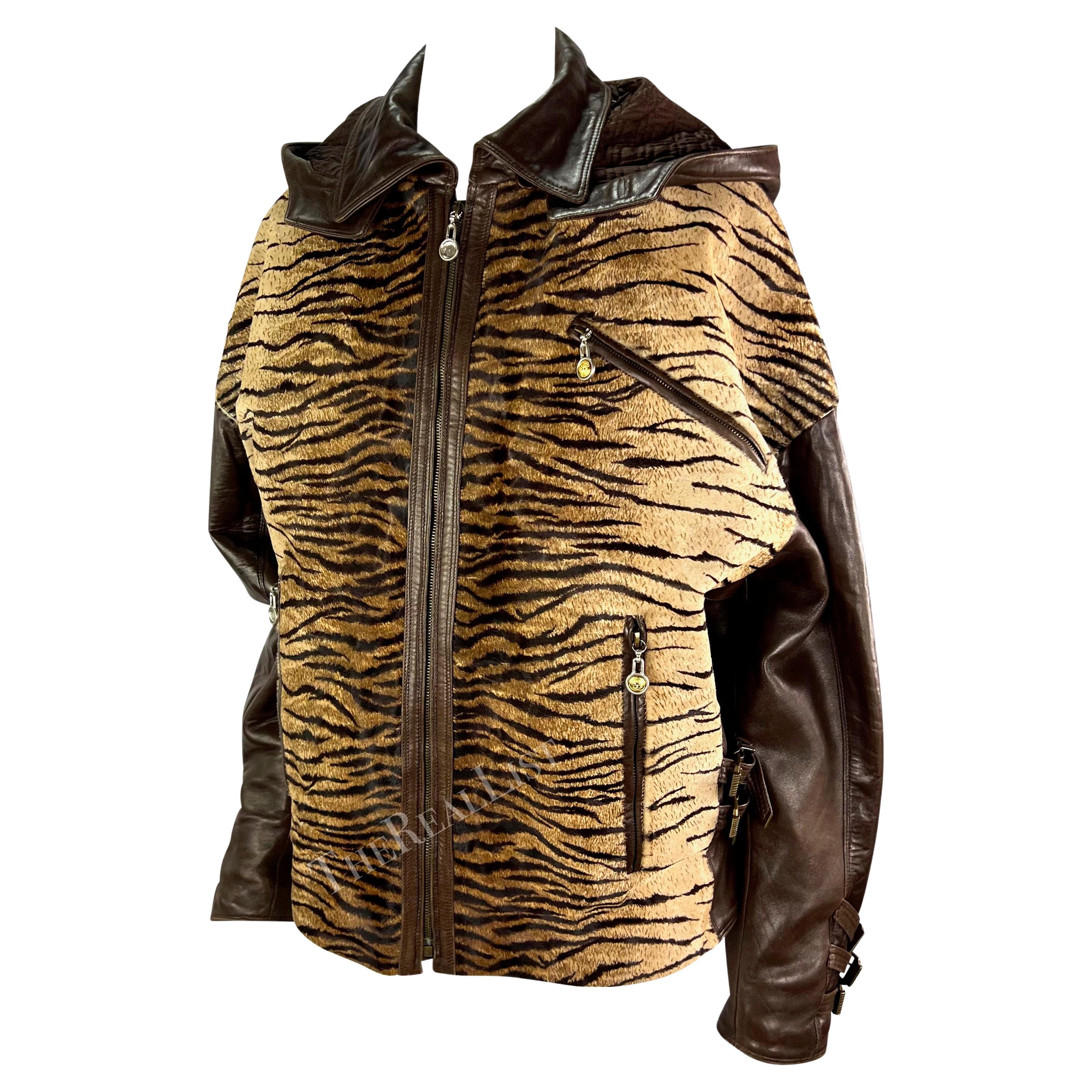 F/W 1992 Gianni Versace S&M Brown Leather Tiger Cowhide Buckle Oversized Jacket For Sale
