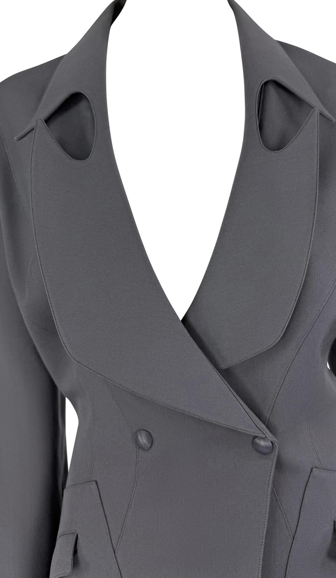 Black F/W 1992 Thierry Mugler Documented Sculpted Panel Grey Wool Coat Dress For Sale