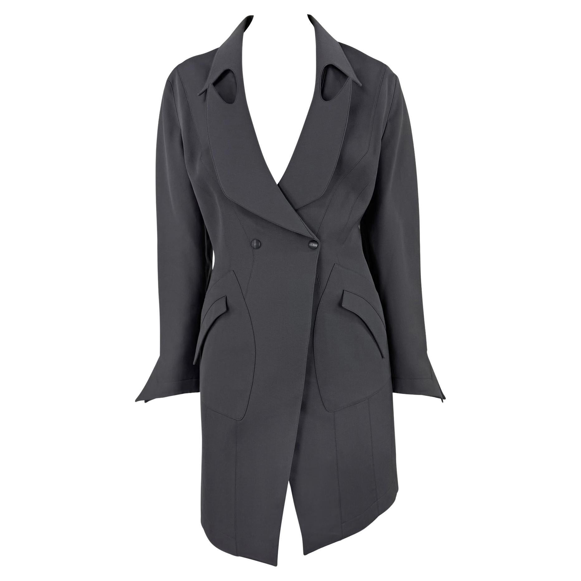 F/W 1992 Thierry Mugler Documented Sculpted Panel Grey Wool Coat Dress For Sale
