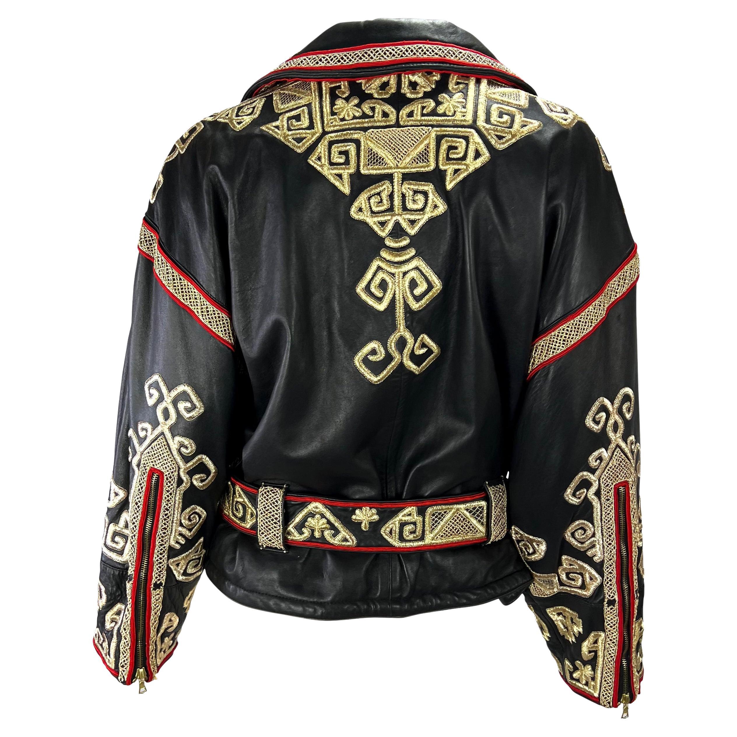 F/W 1992 Valentino Garavani Runway Gold Embroidered Leather Biker Jacket In Excellent Condition For Sale In West Hollywood, CA