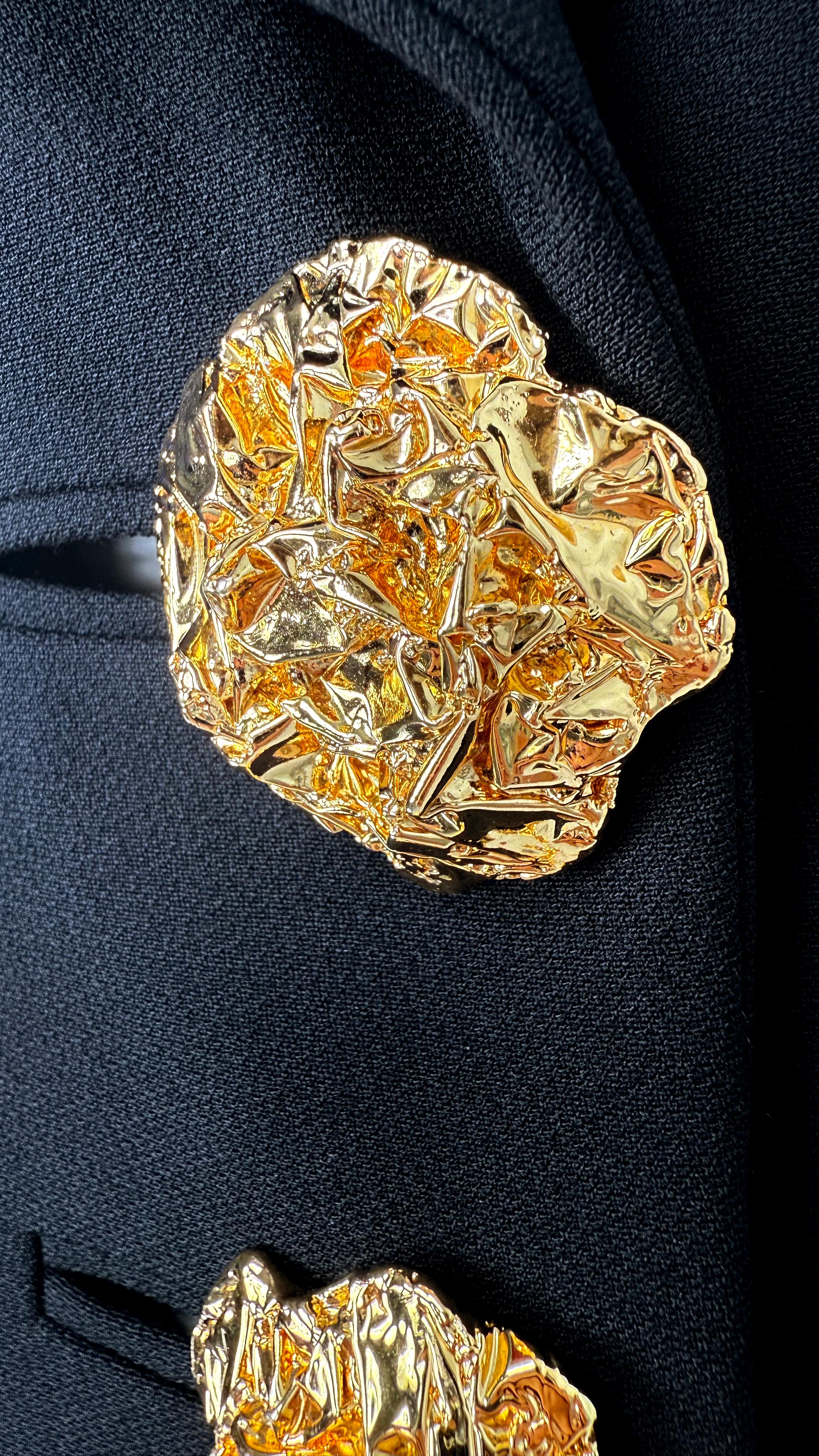 Women's F/W 1992 Yves Saint Laurent Runway Black Sculpted Gold Button Blazer For Sale