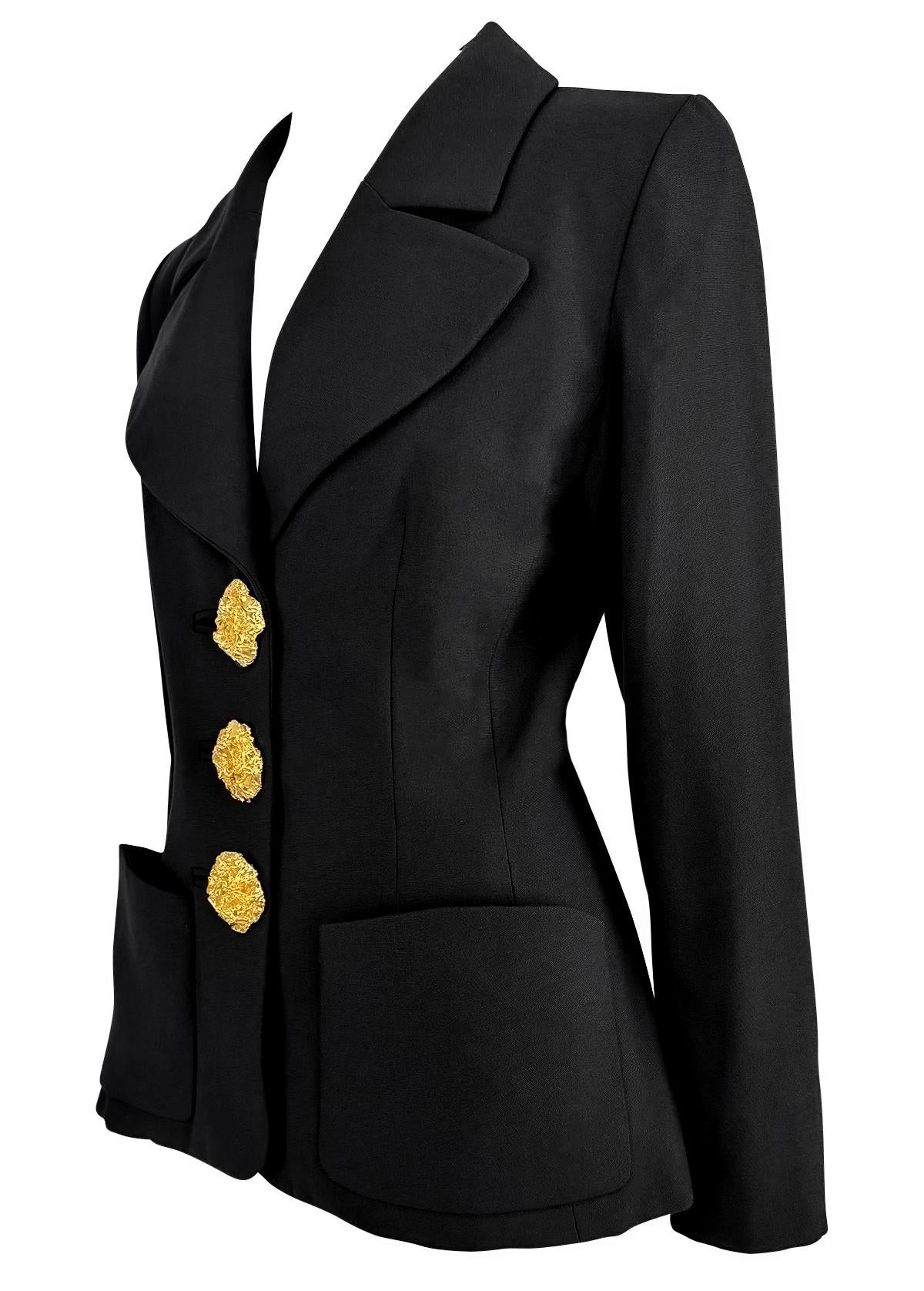 F/W 1992 Yves Saint Laurent Runway Black Sculpted Gold Button Blazer For Sale 1