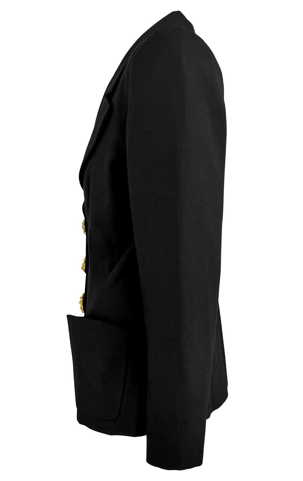F/W 1992 Yves Saint Laurent Runway Black Sculpted Gold Button Blazer For Sale 2