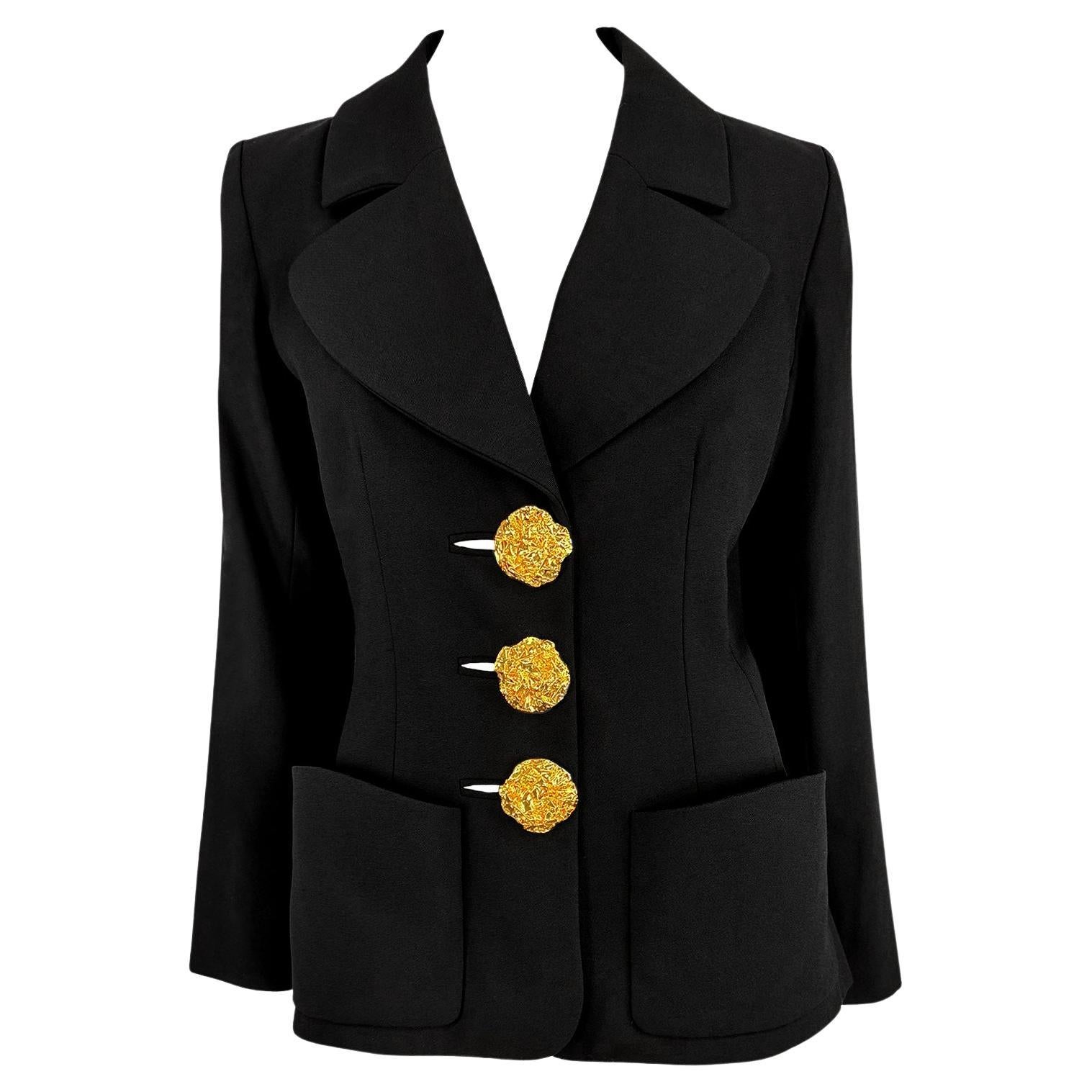 F/W 1992 Yves Saint Laurent Runway Black Sculpted Gold Button Blazer For Sale