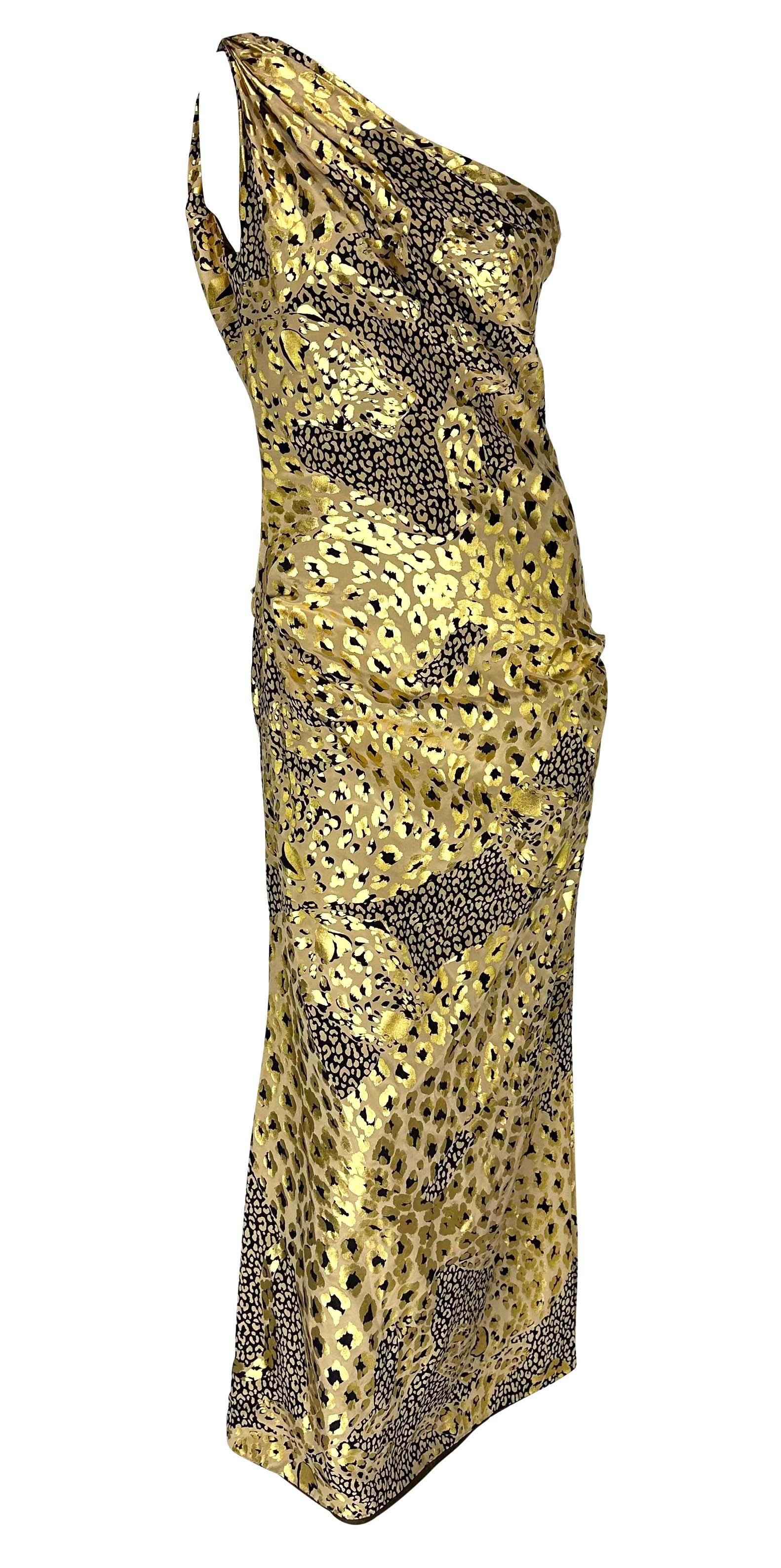 F/W 1992 Yves Saint Laurent Runway Gold Metallic Leopard Print Asymmetric Gown For Sale 4