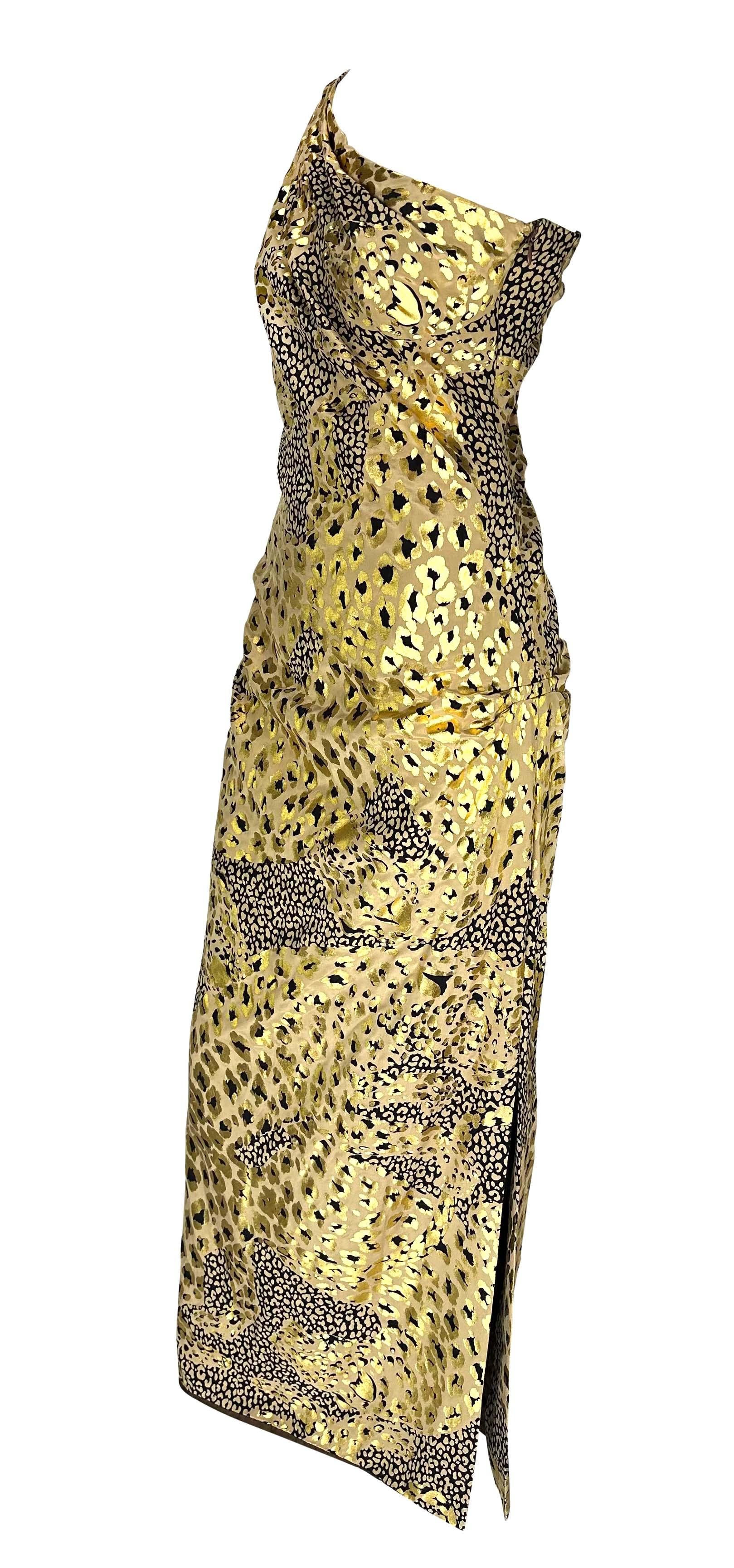 F/W 1992 Yves Saint Laurent Runway Gold Metallic Leopard Print Asymmetric Gown In Good Condition For Sale In West Hollywood, CA