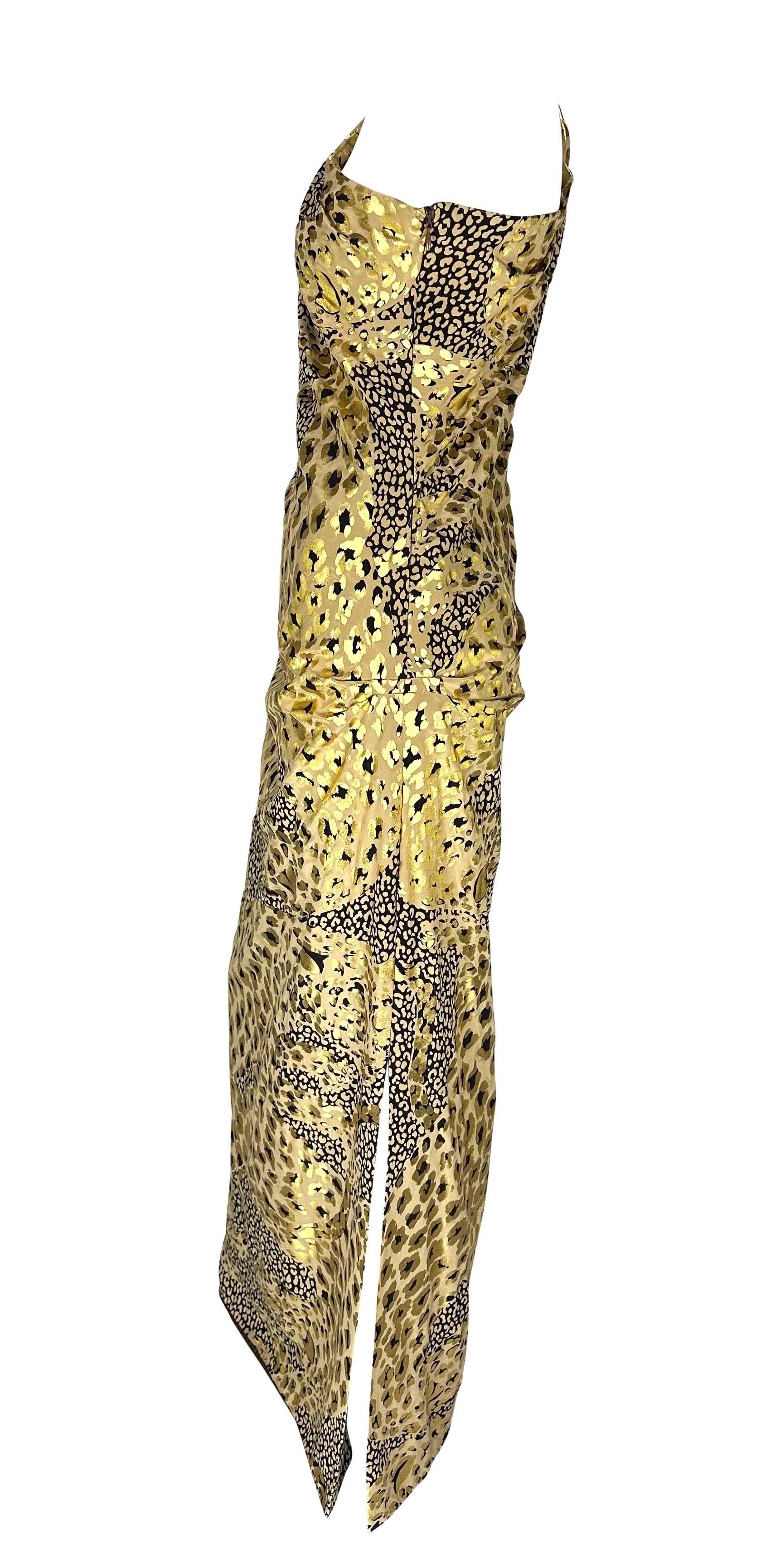 H/W 1992 Yves Saint Laurent Laufsteg Gold Metallic Leopard Print Asymmetrisches Kleid mit Leopardenmuster im Angebot 2