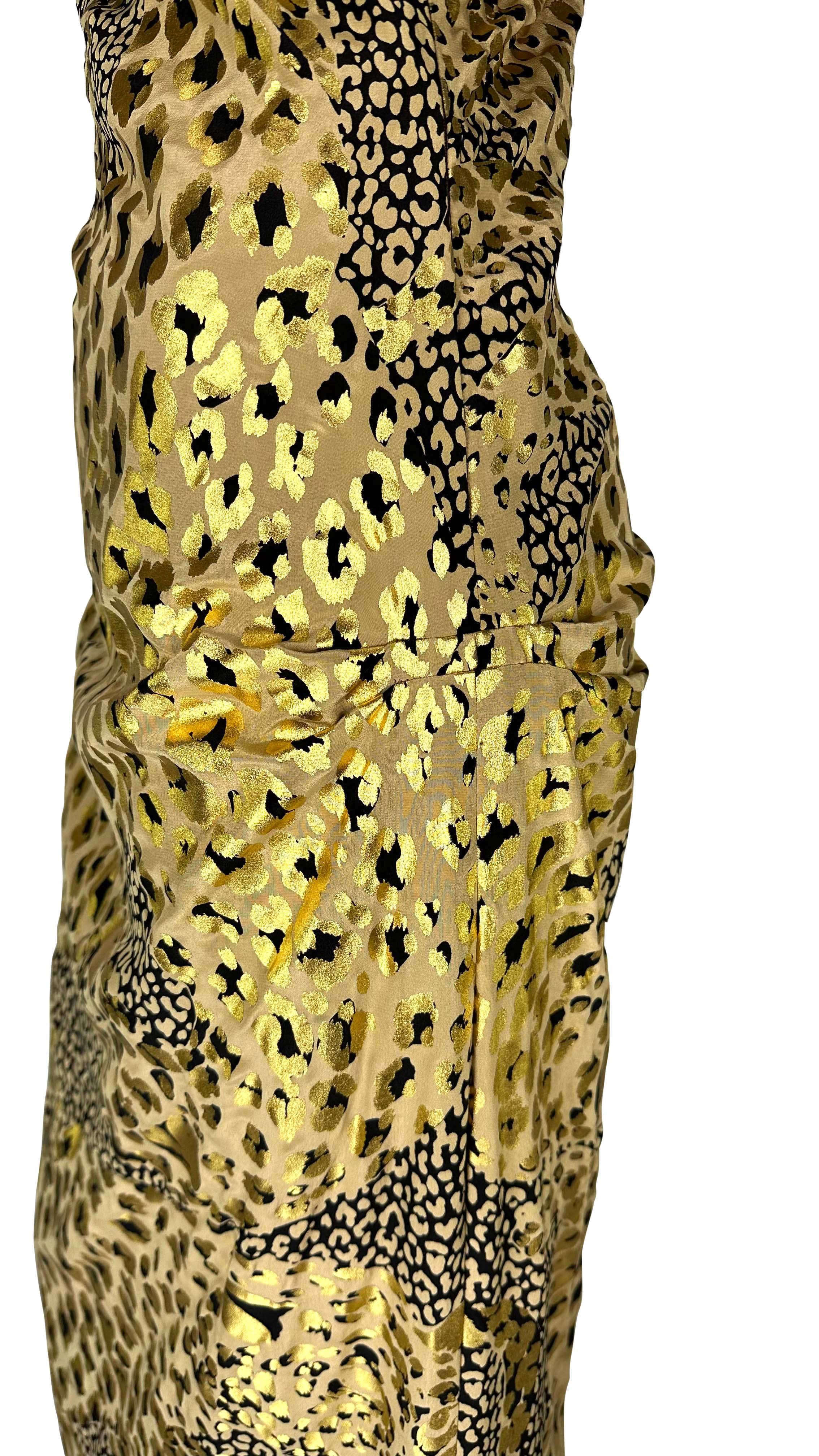 F/W 1992 Yves Saint Laurent Runway Gold Metallic Leopard Print Asymmetric Gown For Sale 1