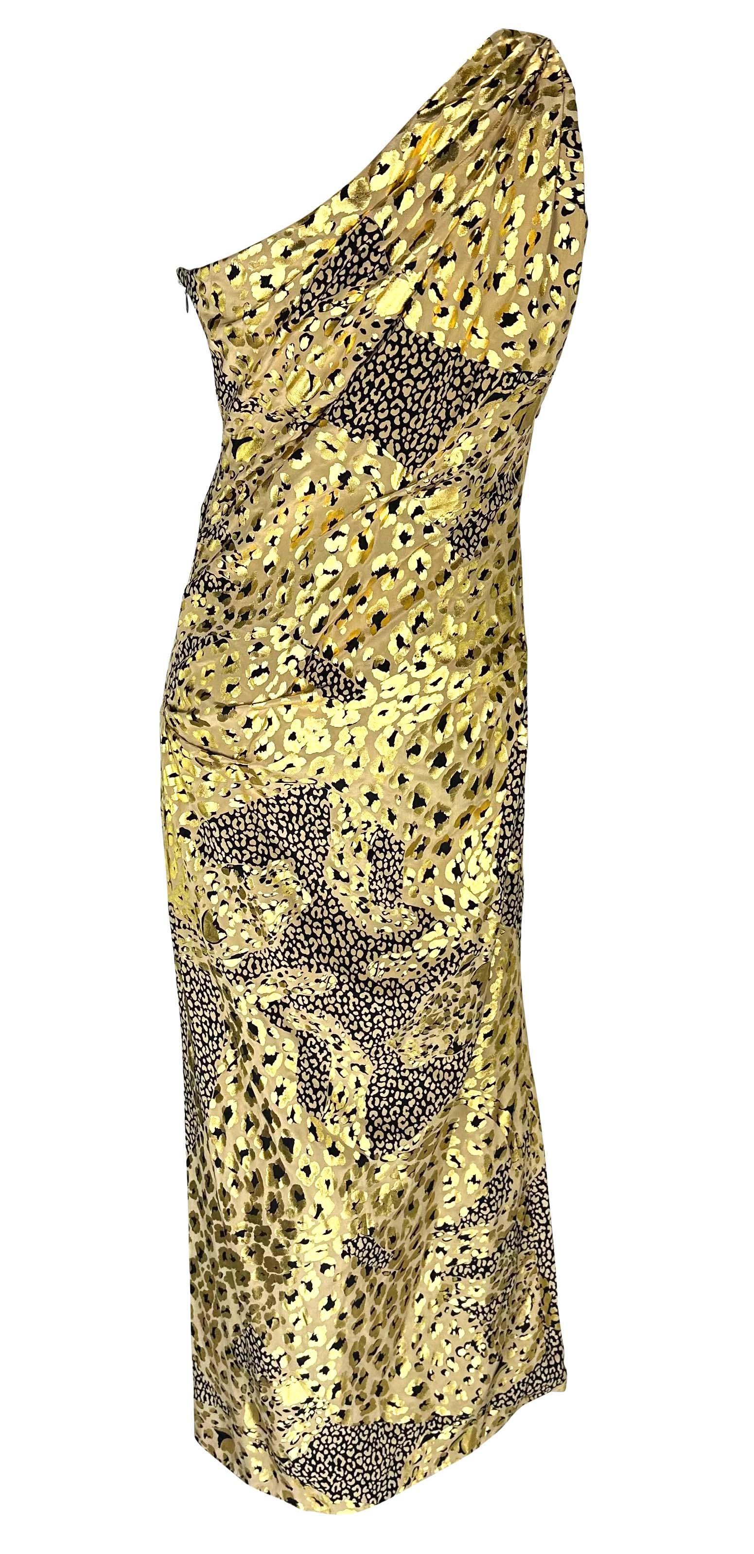F/W 1992 Yves Saint Laurent Runway Gold Metallic Leopard Print Asymmetric Gown For Sale 2