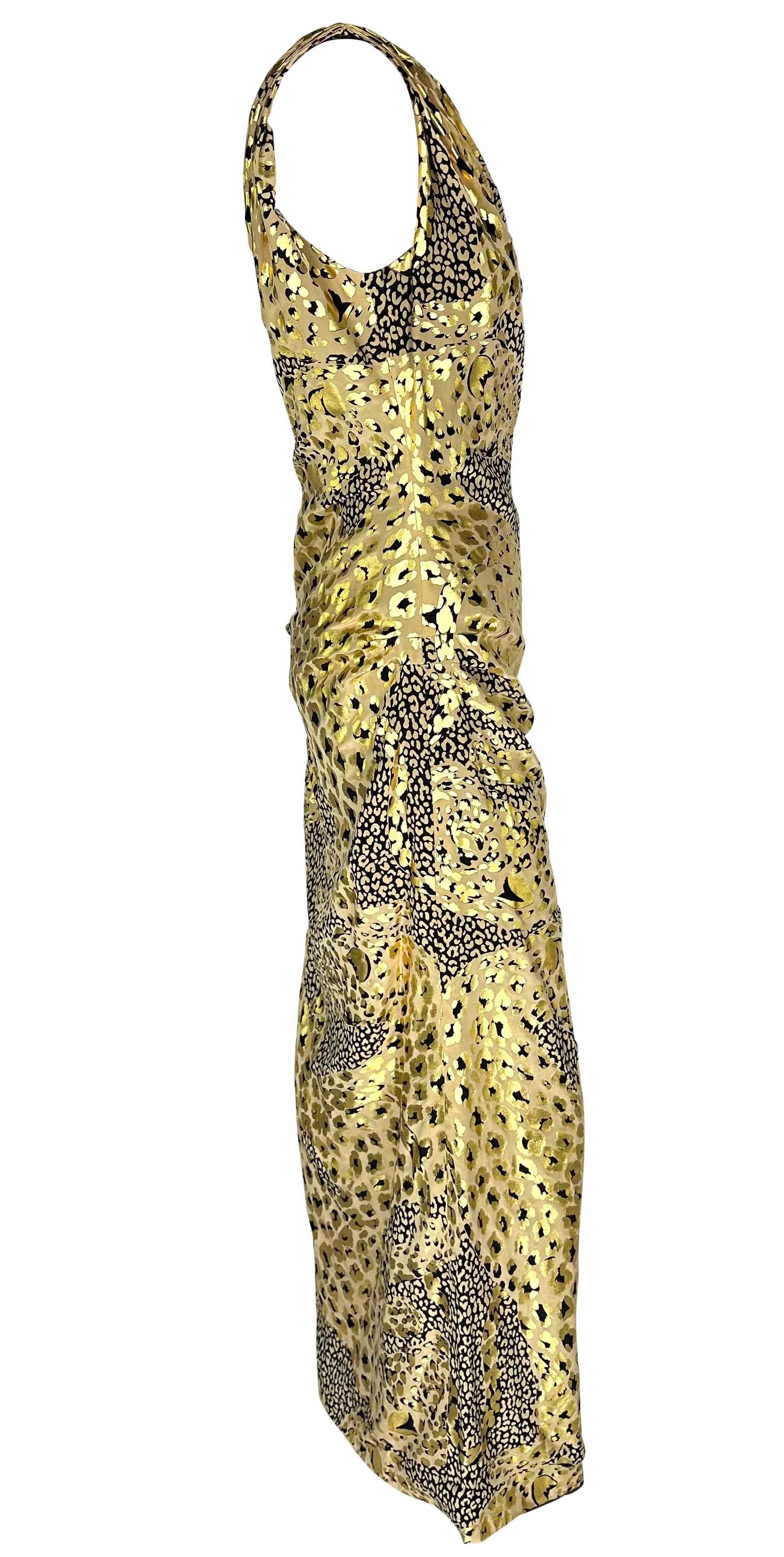 H/W 1992 Yves Saint Laurent Laufsteg Gold Metallic Leopard Print Asymmetrisches Kleid mit Leopardenmuster im Angebot 5