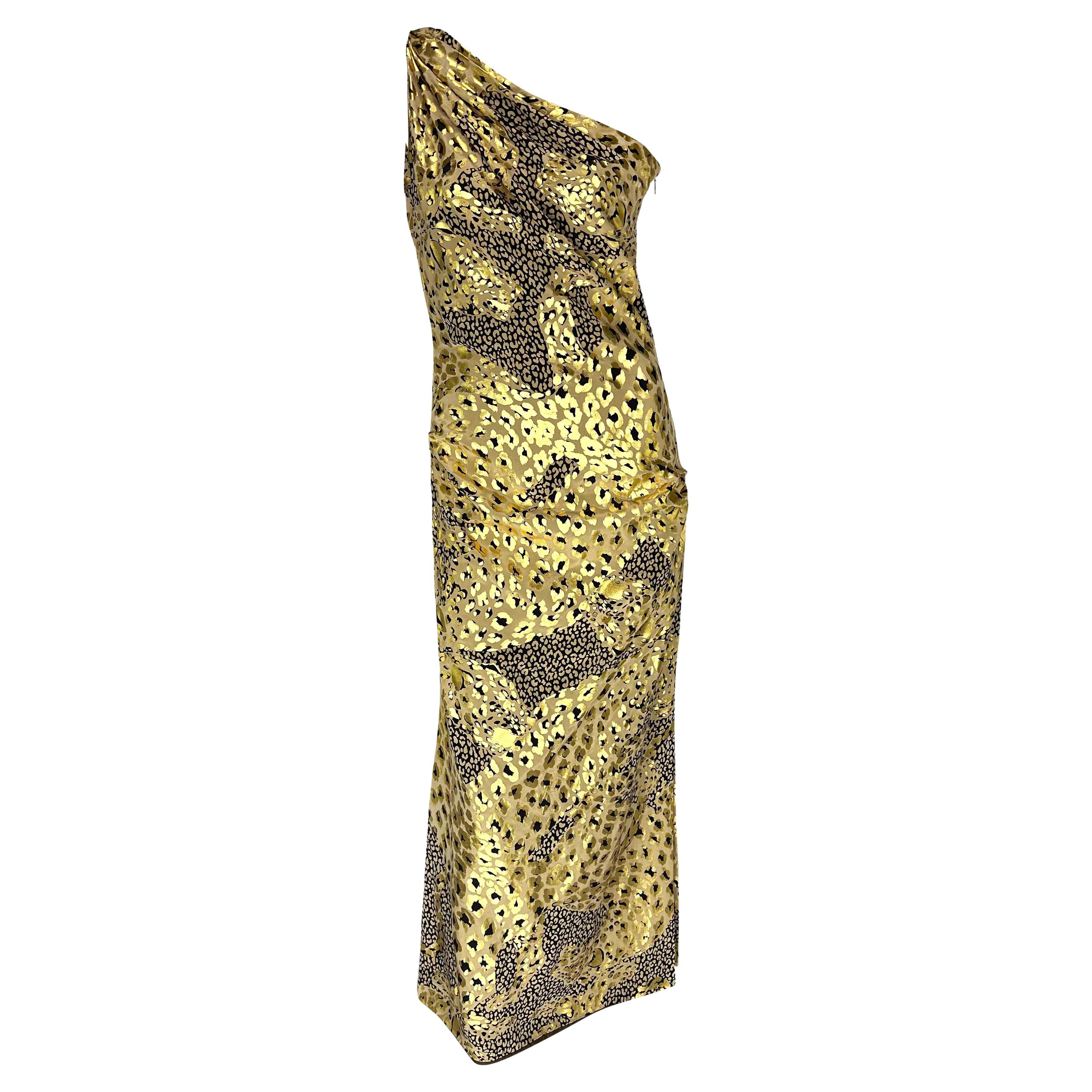 F/W 1992 Yves Saint Laurent Runway Gold Metallic Leopard Print Asymmetric Gown For Sale