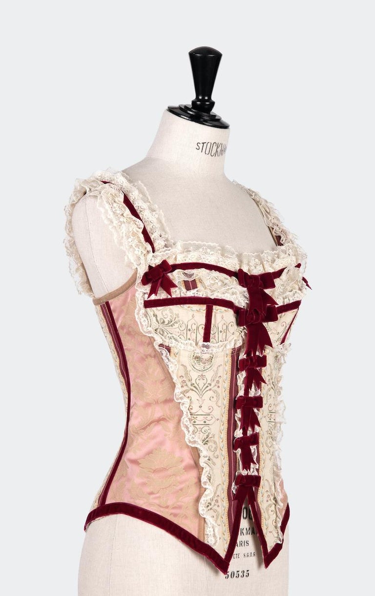 F/W 1993/94 DOLCE and GABBANA Runway Cream and Pink Lace Trim Corset