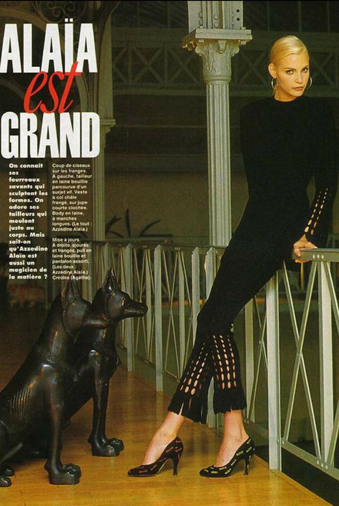 Presenting a stunning black knit maxi dress designed by Azzedine Alaia from the Fall/Winter 1993 collection. This exquisite dress showcases a unique laser-cut technique, with intricate details seen in advertisements from that year. The entire dress