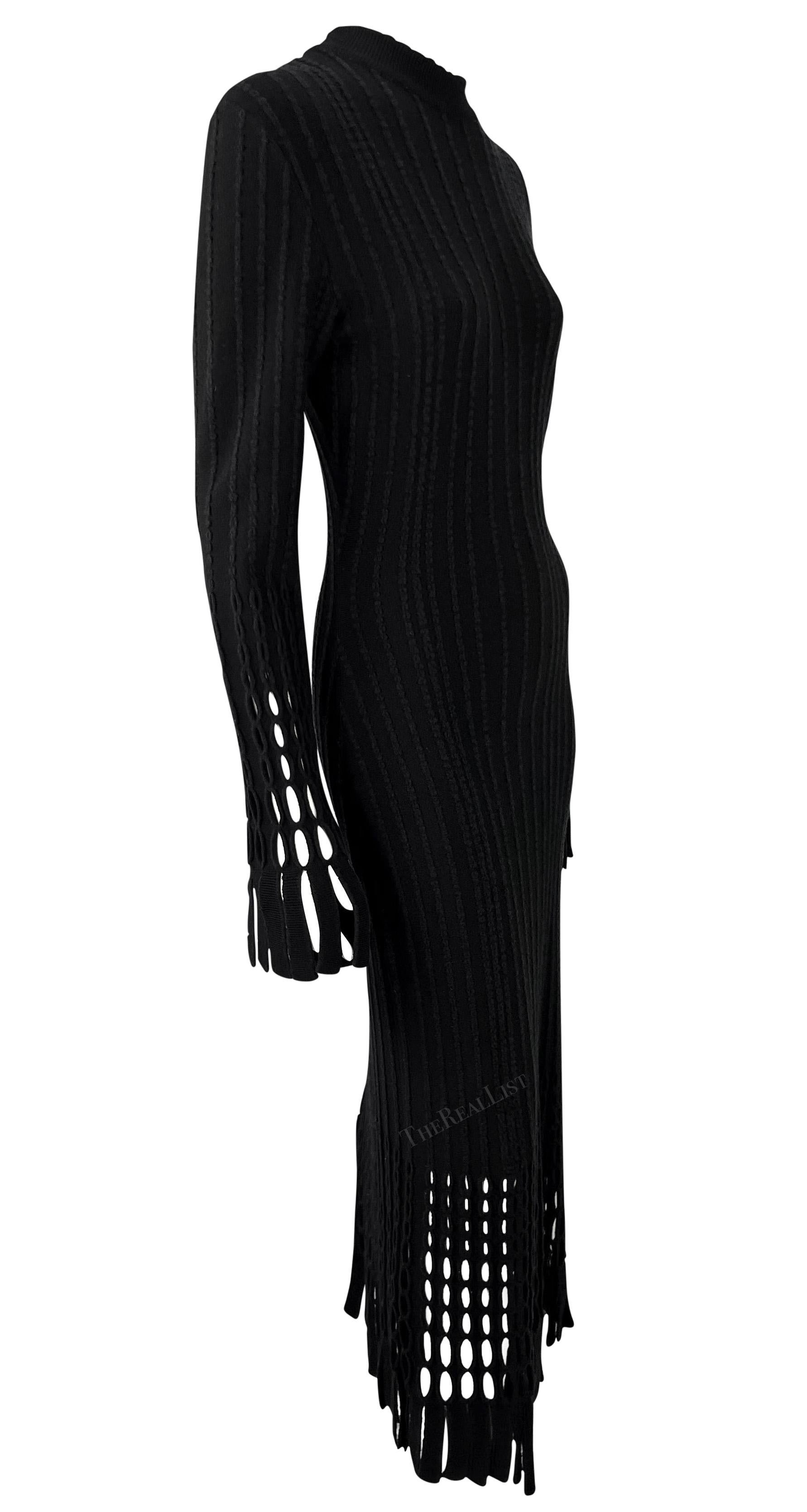 F/W 1993 Azzedine Alaïa Black Eyelet Fringe Knit Bodycon Full-Length Dress In Excellent Condition For Sale In West Hollywood, CA