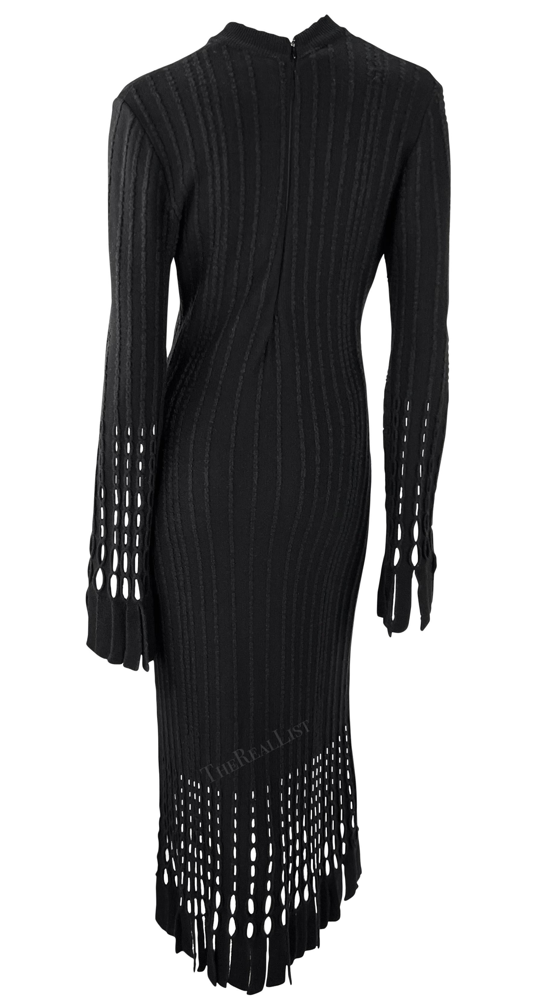 F/W 1993 Azzedine Alaïa Black Eyelet Fringe Knit Bodycon Full-Length Dress For Sale 2