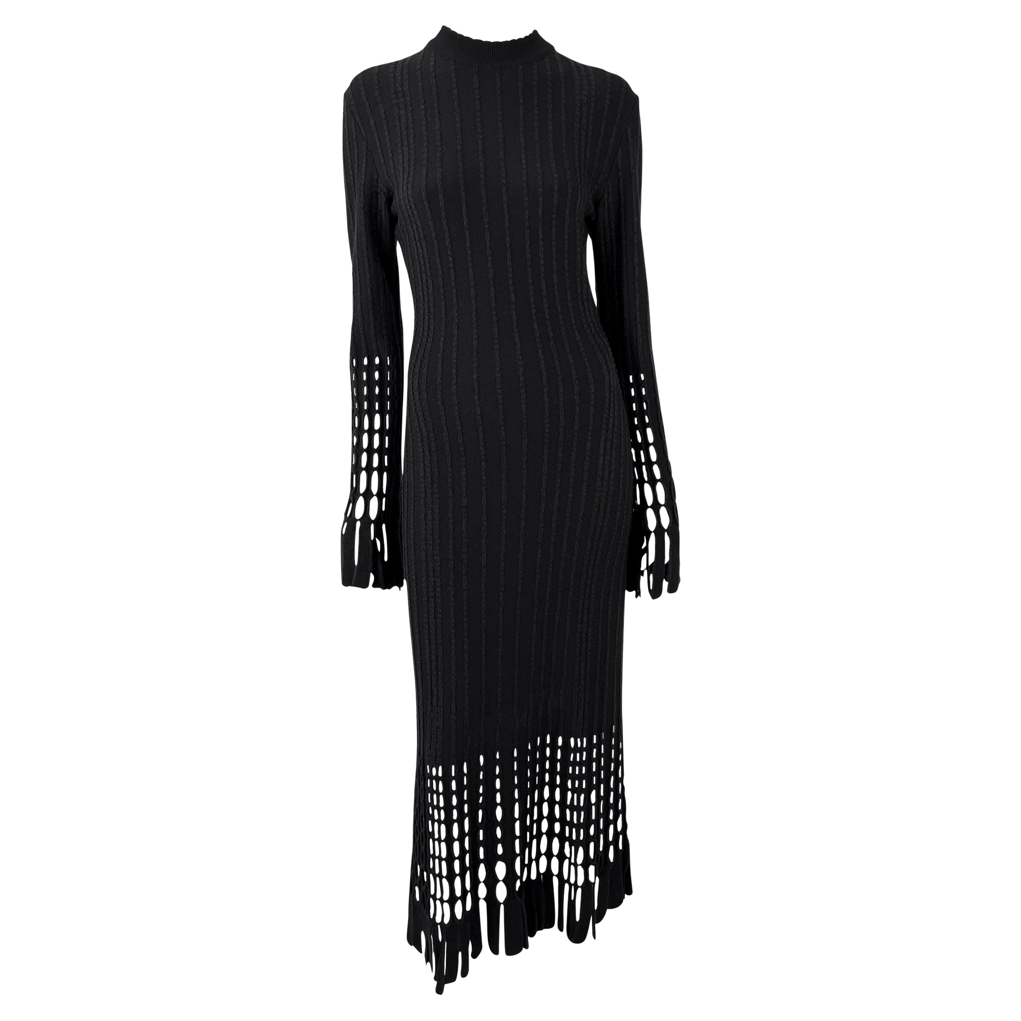 F/W 1993 Azzedine Alaïa Black Eyelet Fringe Knit Bodycon Full-Length Dress For Sale