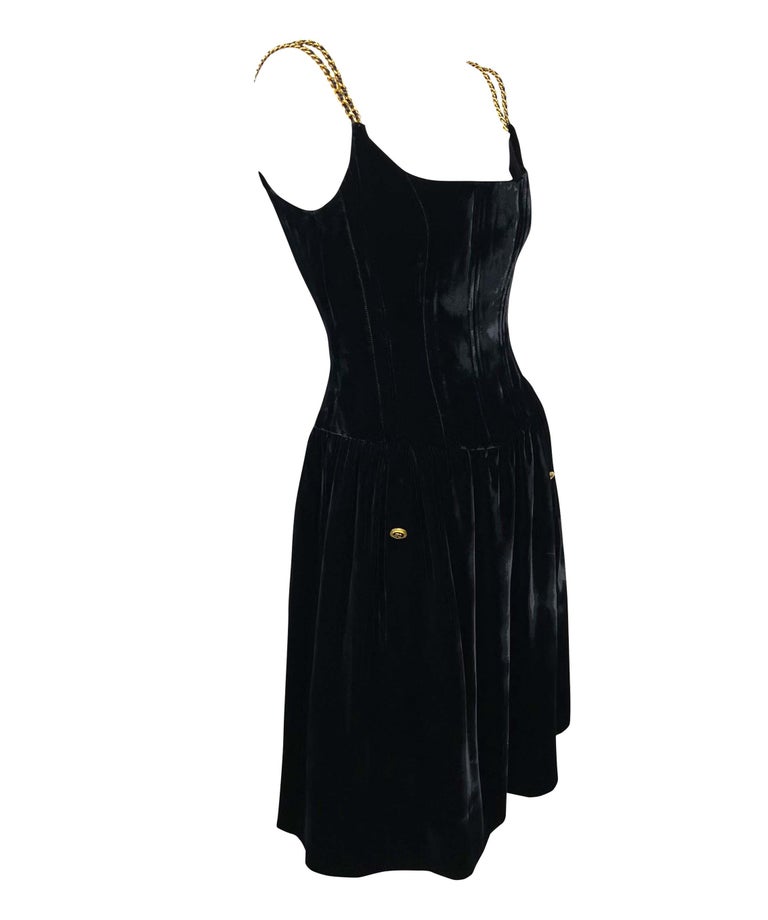 F/W 1993 Chanel by Karl Lagerfeld Velvet Boned Corset Gold Chain CC