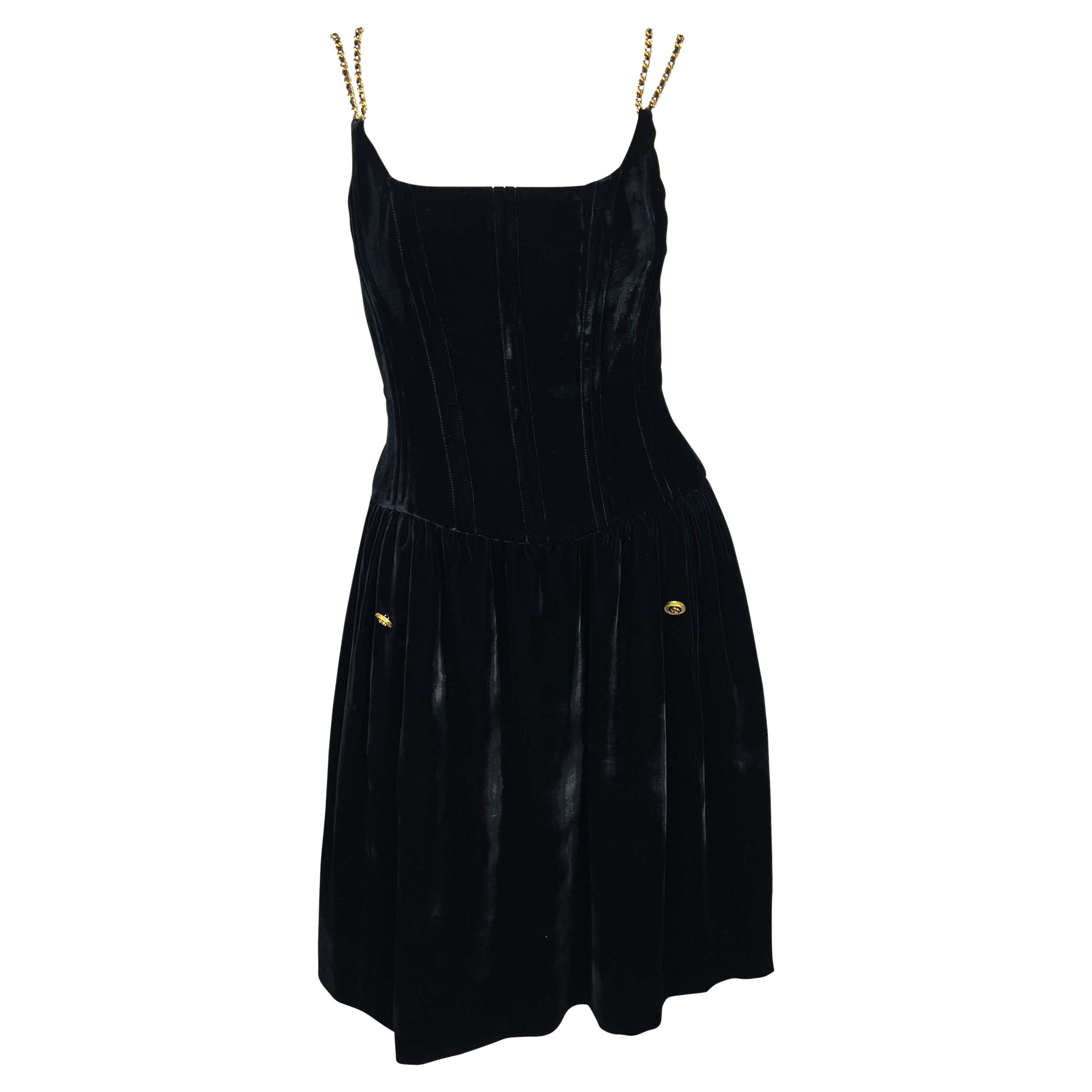 F/W 1993 Chanel by Karl Lagerfeld Velvet Boned Corset Gold Chain CC Button  Dress For Sale at 1stDibs