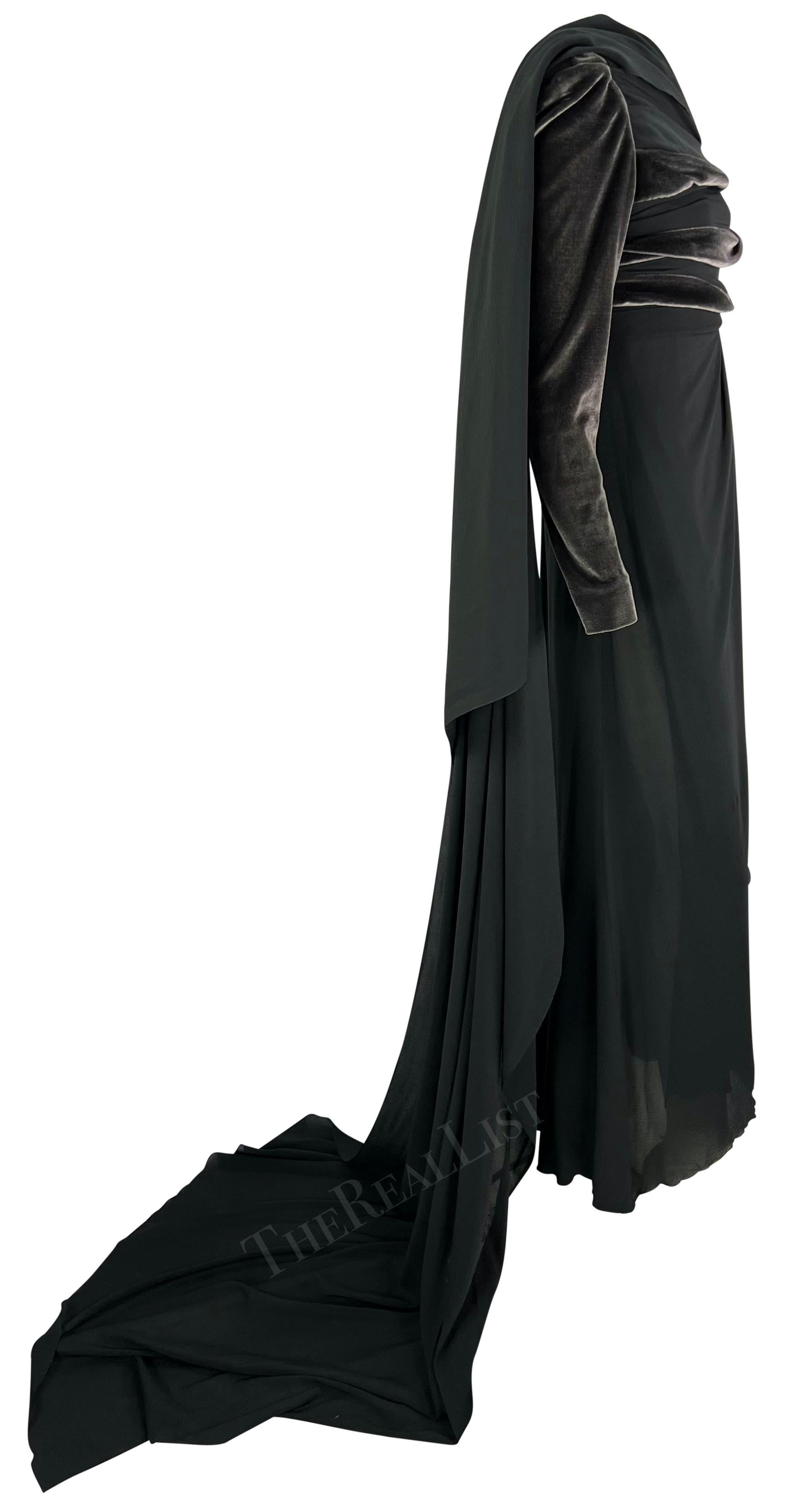 F/W 1993 Christian Dior by Gianfranco Ferré Grey Velvet Chiffon Wrap Gown In Good Condition In West Hollywood, CA