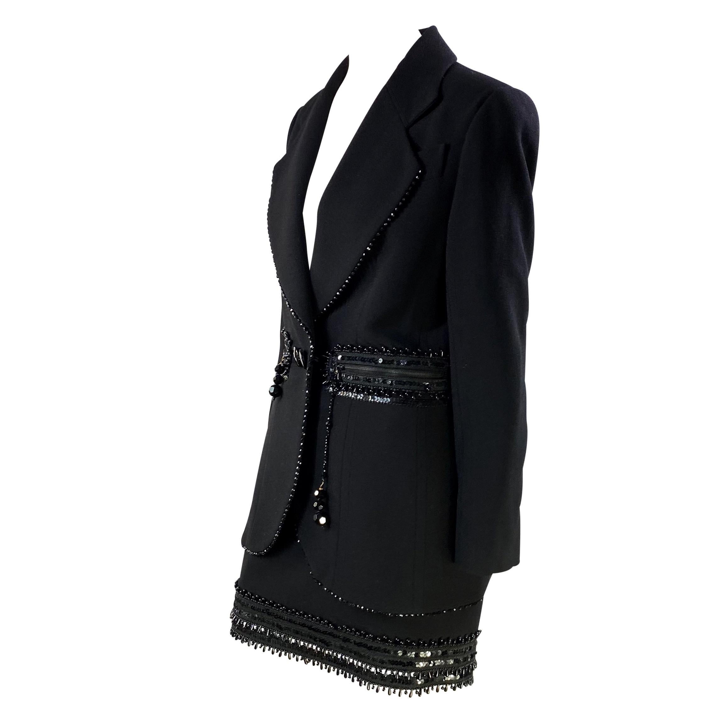 Noir F/W 1993 Christian Dior by Gianfranco Ferré Runway Black Bead Sequin Skirt Suit (tailleur jupe à paillettes) en vente