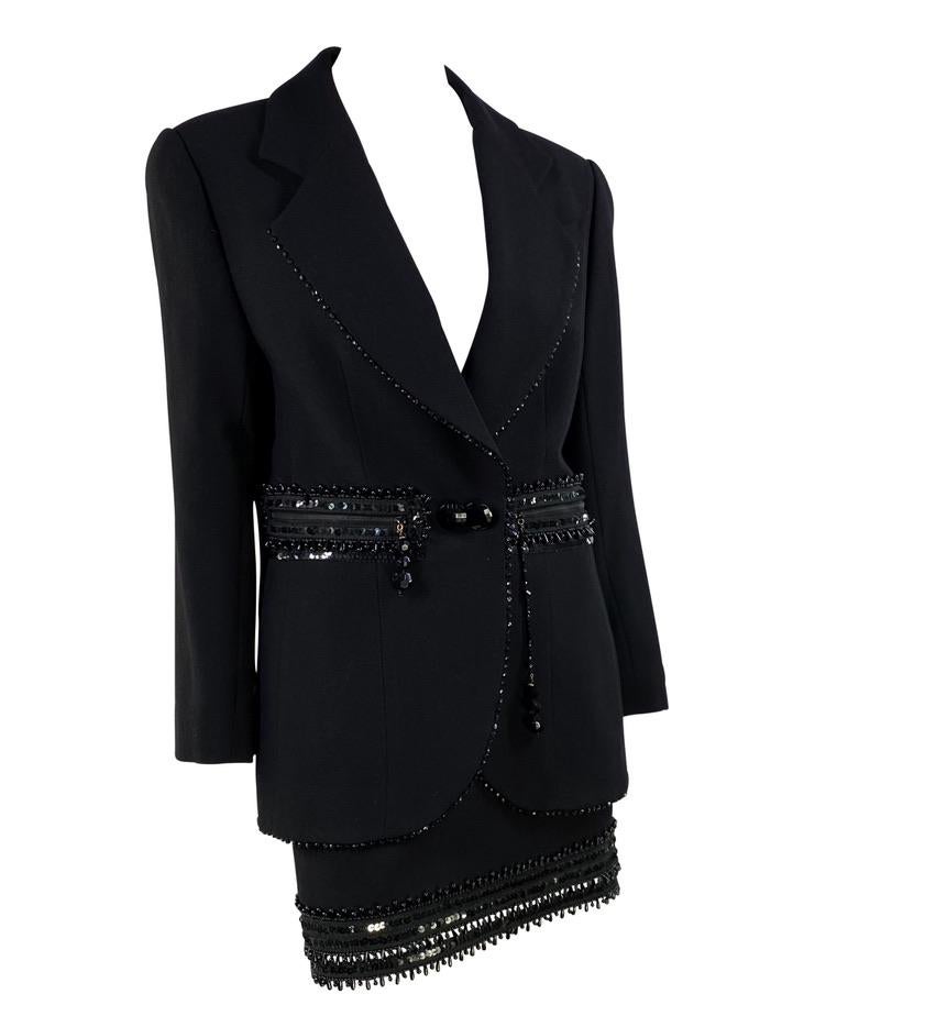F/W 1993 Christian Dior by Gianfranco Ferré Runway Black Bead Sequin Skirt Suit For Sale 1