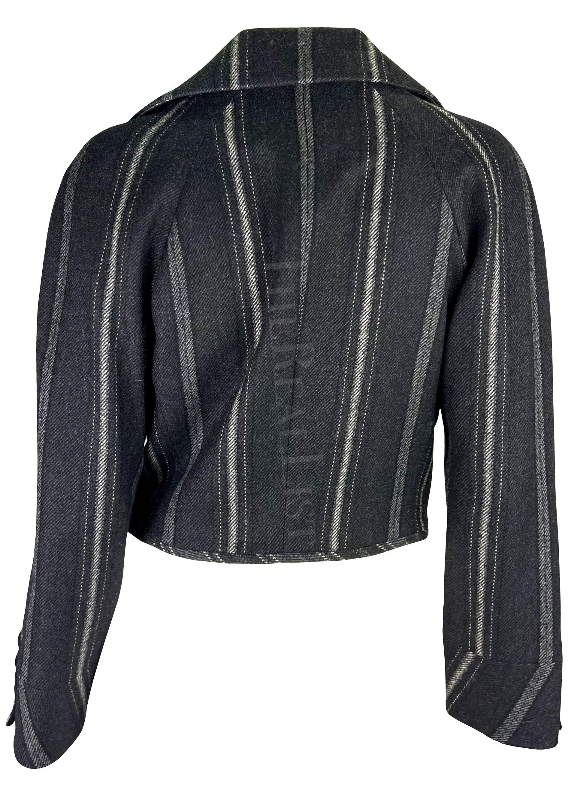 F/W 1993 Gianni Versace Black Grey Striped Cropped Runway Jacket For Sale 2