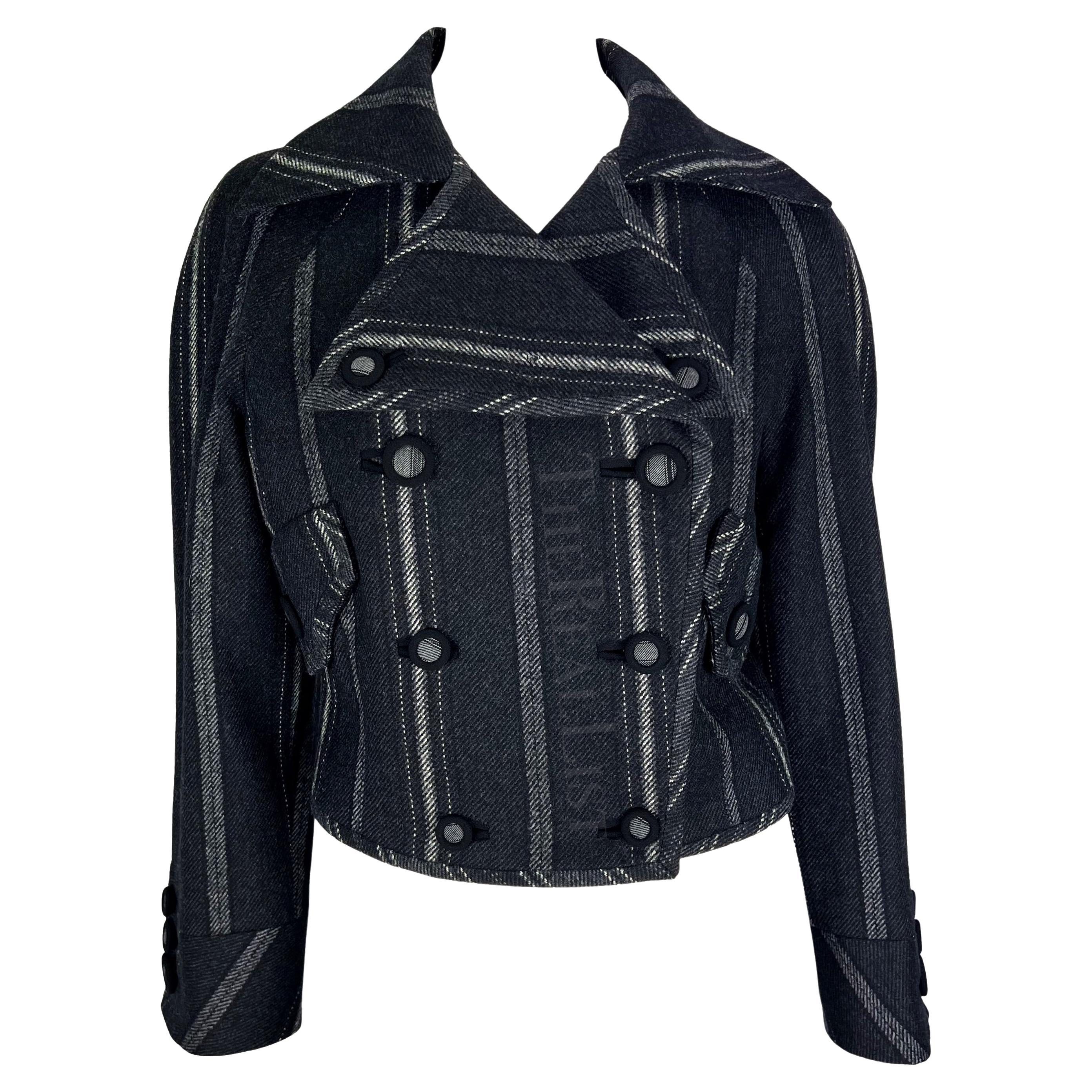 F/W 1993 Gianni Versace Black Grey Striped Cropped Runway Jacket For Sale
