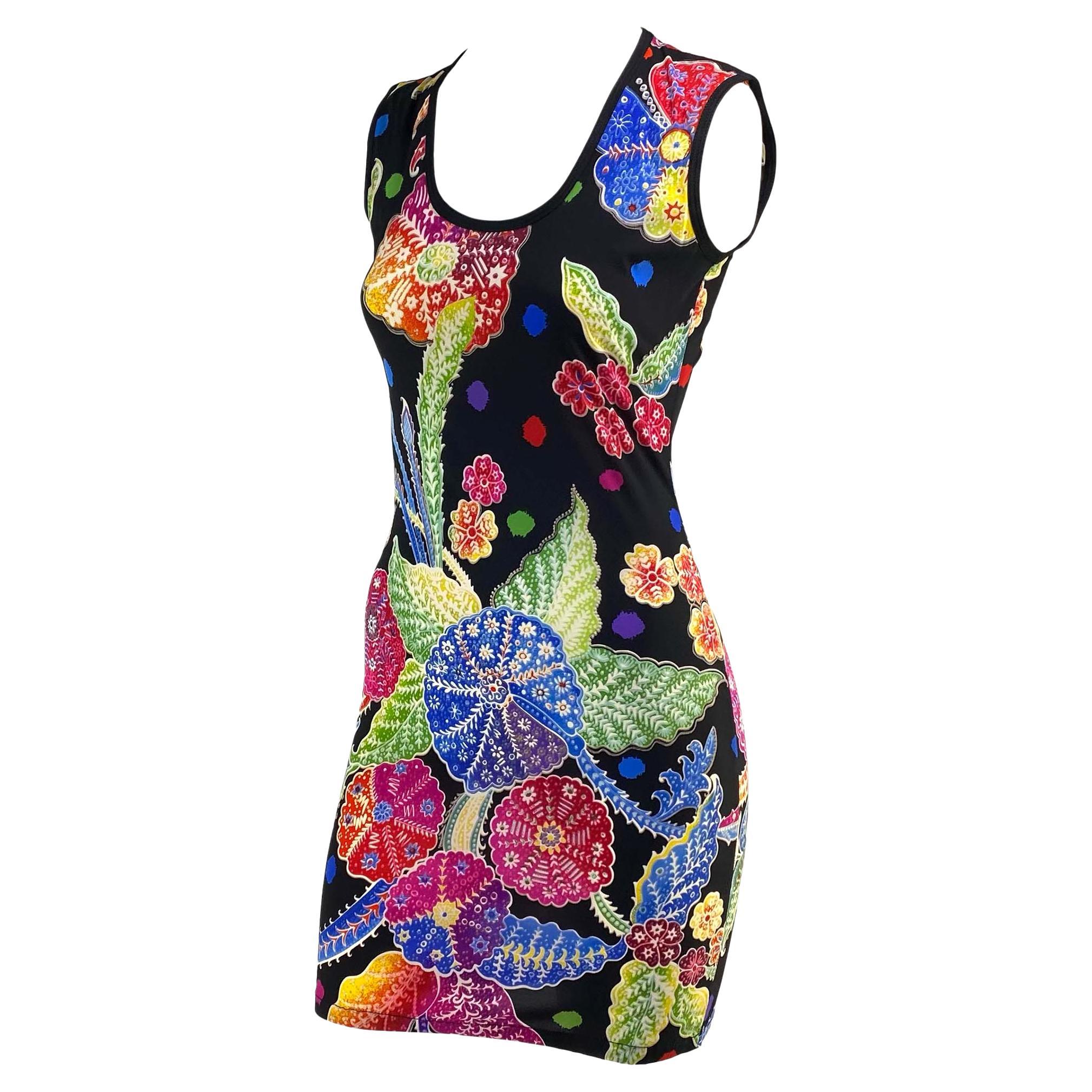F/W 1993 Gianni Versace Couture Black Multicolor Floral Stretch Sleeveless Dress