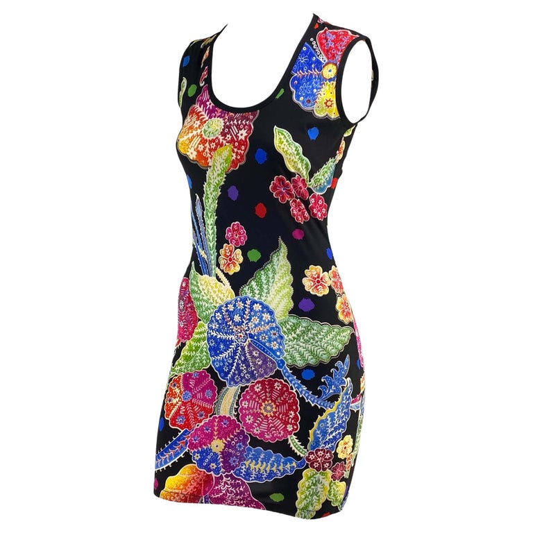 F/W 1993 Gianni Versace Couture Black Multicolor Floral Stretch Sleeveless  Dress For Sale at 1stDibs